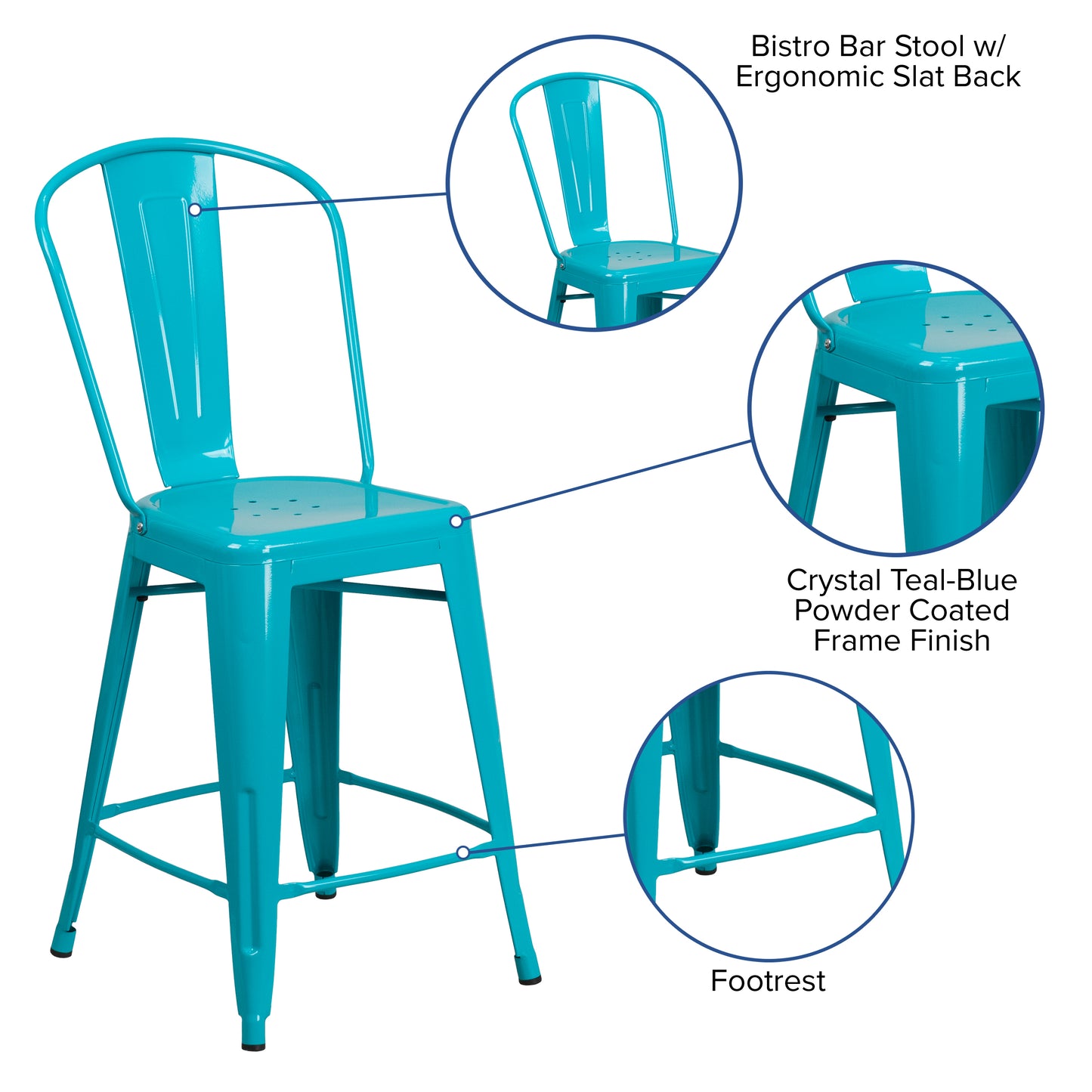 Carly Commercial Grade 24" High Crystal Teal-Blue Metal Indoor-Outdoor Counter Height Stool with Back Crystal Teal-Blue