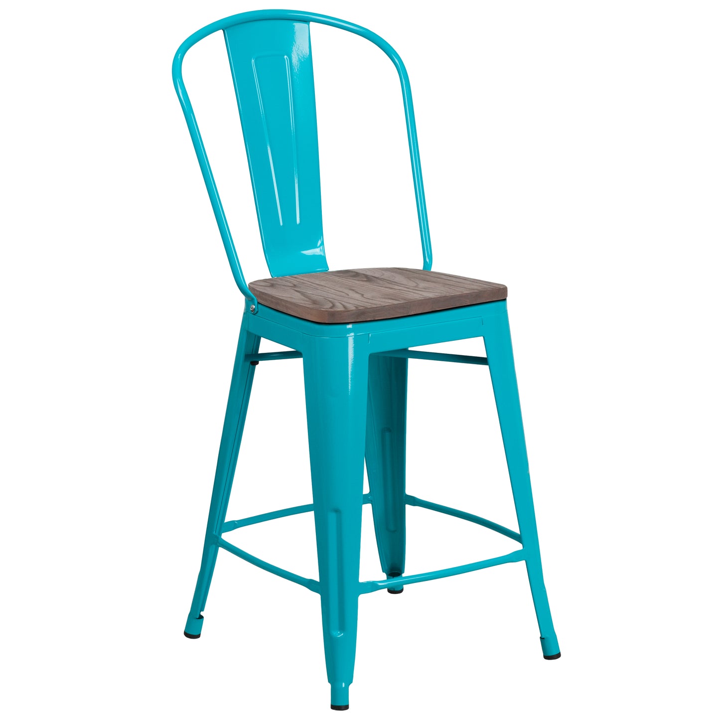 Carly 24" High Crystal Teal-Blue Metal Counter Height Stool with Back and Wood Seat Crystal Teal-Blue