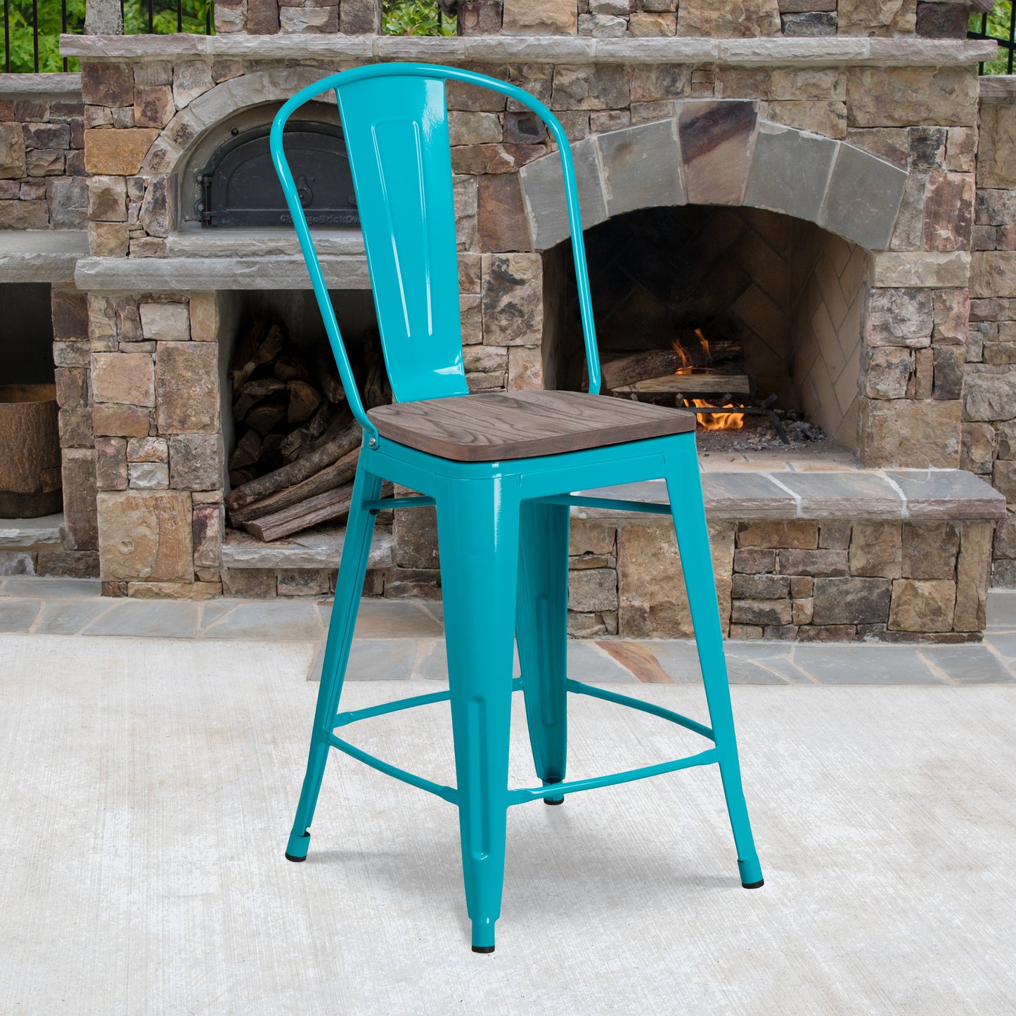 Carly 24" High Crystal Teal-Blue Metal Counter Height Stool with Back and Wood Seat Crystal Teal-Blue