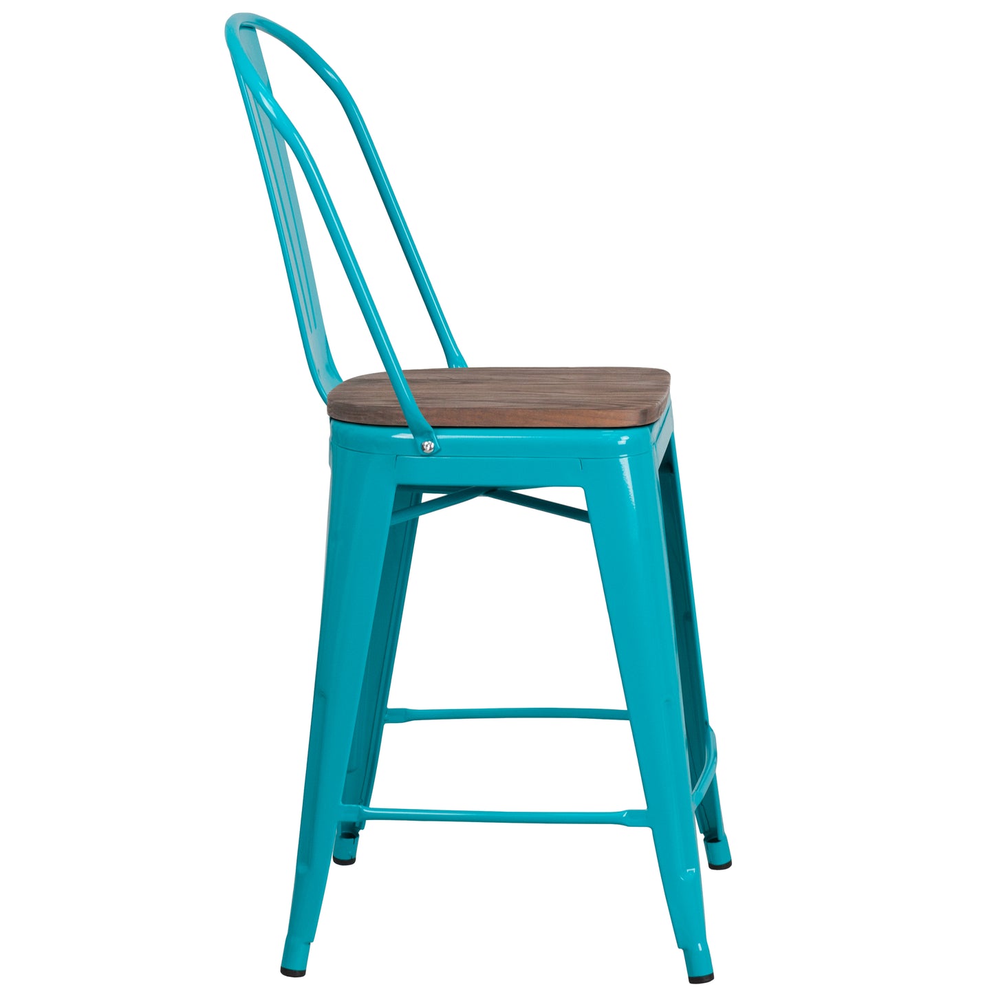 Carly 24" High Crystal Teal-Blue Metal Counter Height Stool with Back and Wood Seat Crystal Teal-Blue