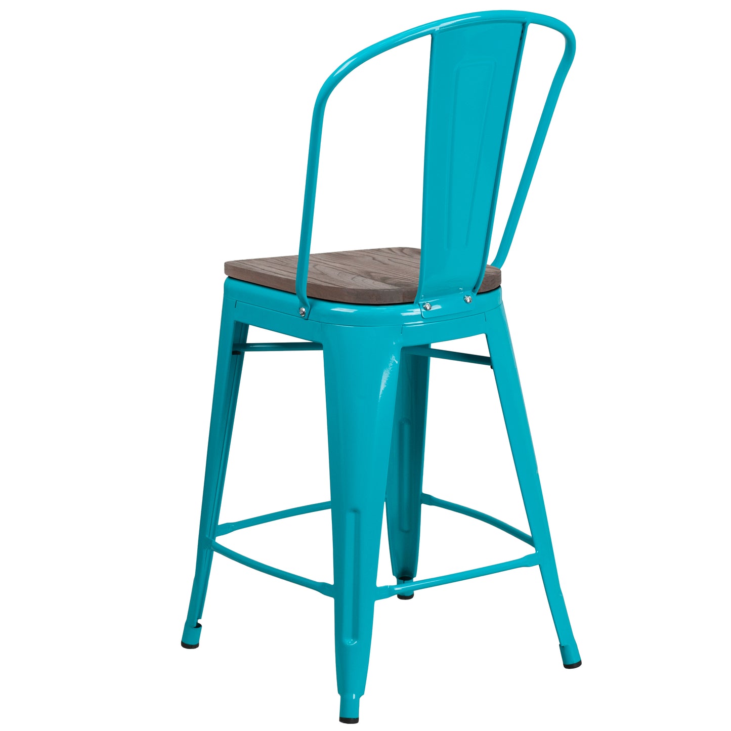 Carly 24" High Crystal Teal-Blue Metal Counter Height Stool with Back and Wood Seat Crystal Teal-Blue