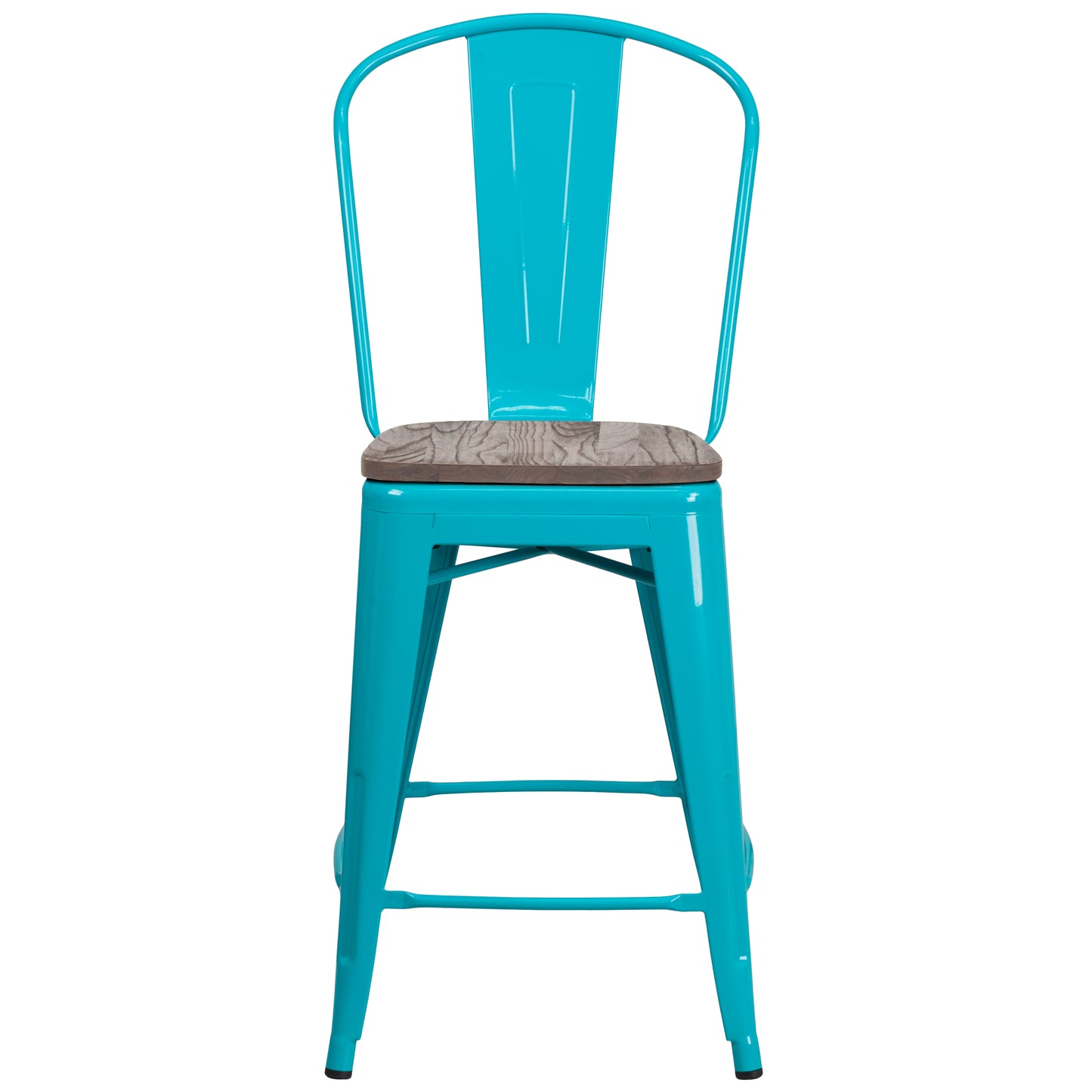 Carly 24" High Crystal Teal-Blue Metal Counter Height Stool with Back and Wood Seat Crystal Teal-Blue