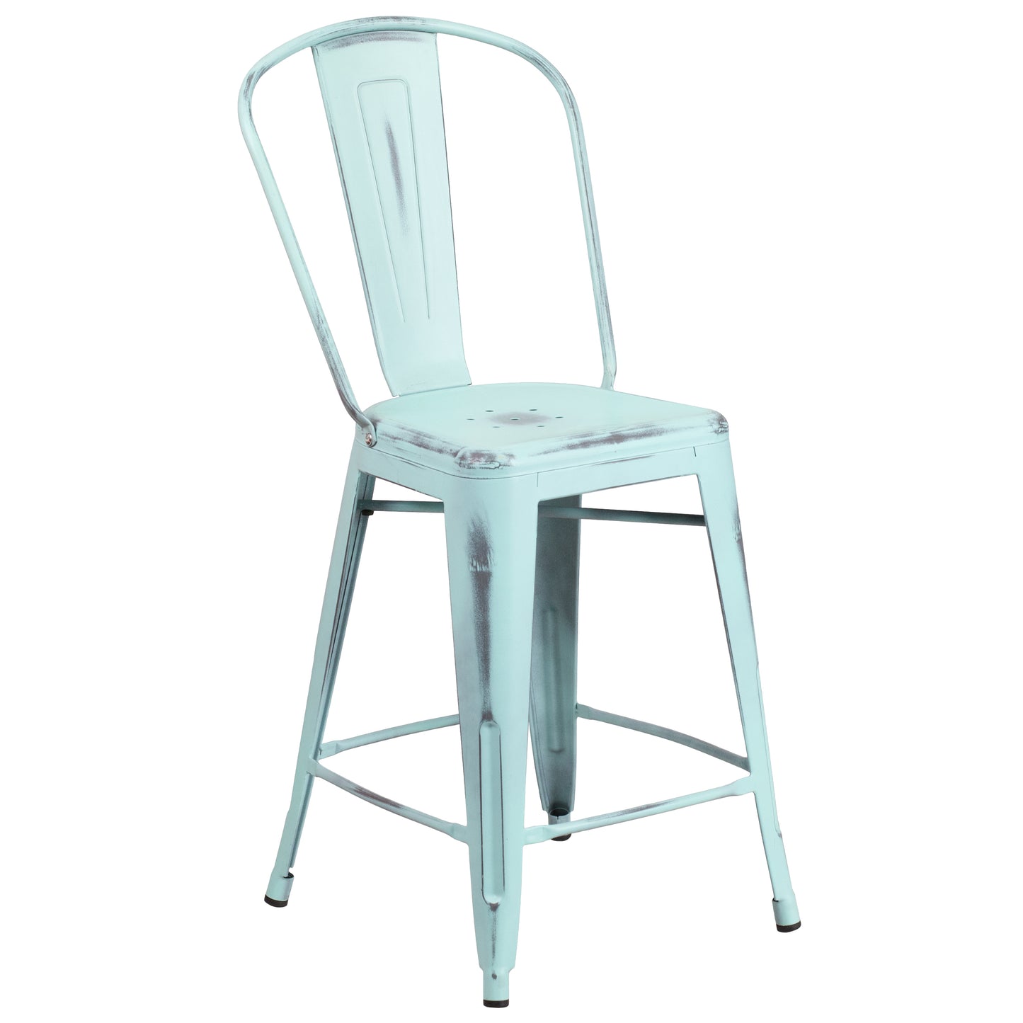 Carly Commercial Grade 24" High Distressed Green-Blue Metal Indoor-Outdoor Counter Height Stool with Back Green-Blue