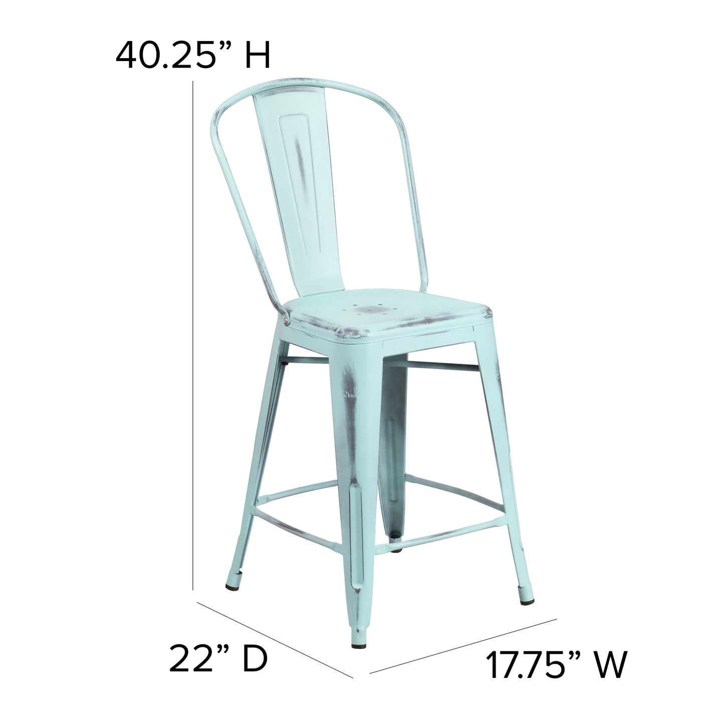 Carly Commercial Grade 24" High Distressed Green-Blue Metal Indoor-Outdoor Counter Height Stool with Back Green-Blue