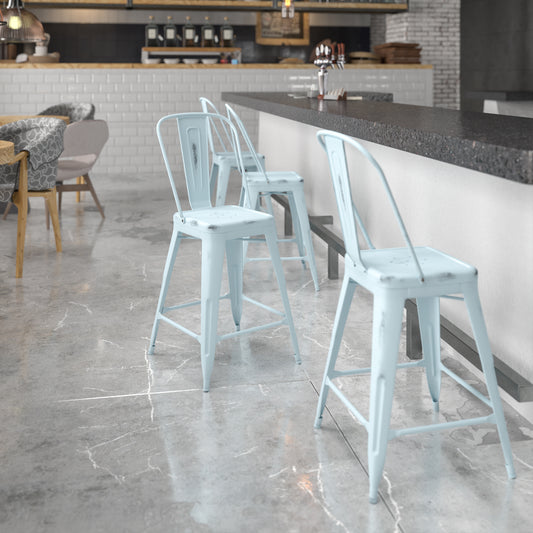 Carly Commercial Grade 24" High Distressed Green-Blue Metal Indoor-Outdoor Counter Height Stool with Back Green-Blue