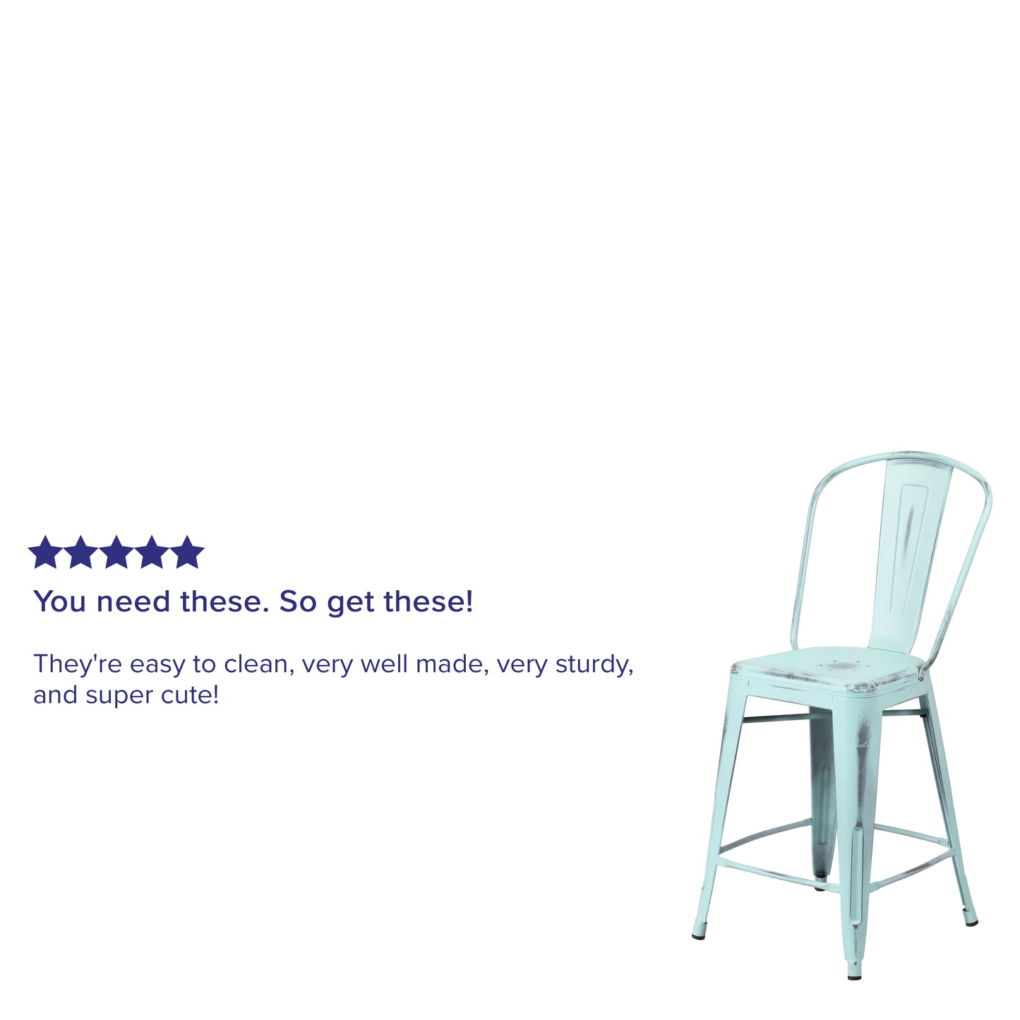 Carly Commercial Grade 24" High Distressed Green-Blue Metal Indoor-Outdoor Counter Height Stool with Back Green-Blue