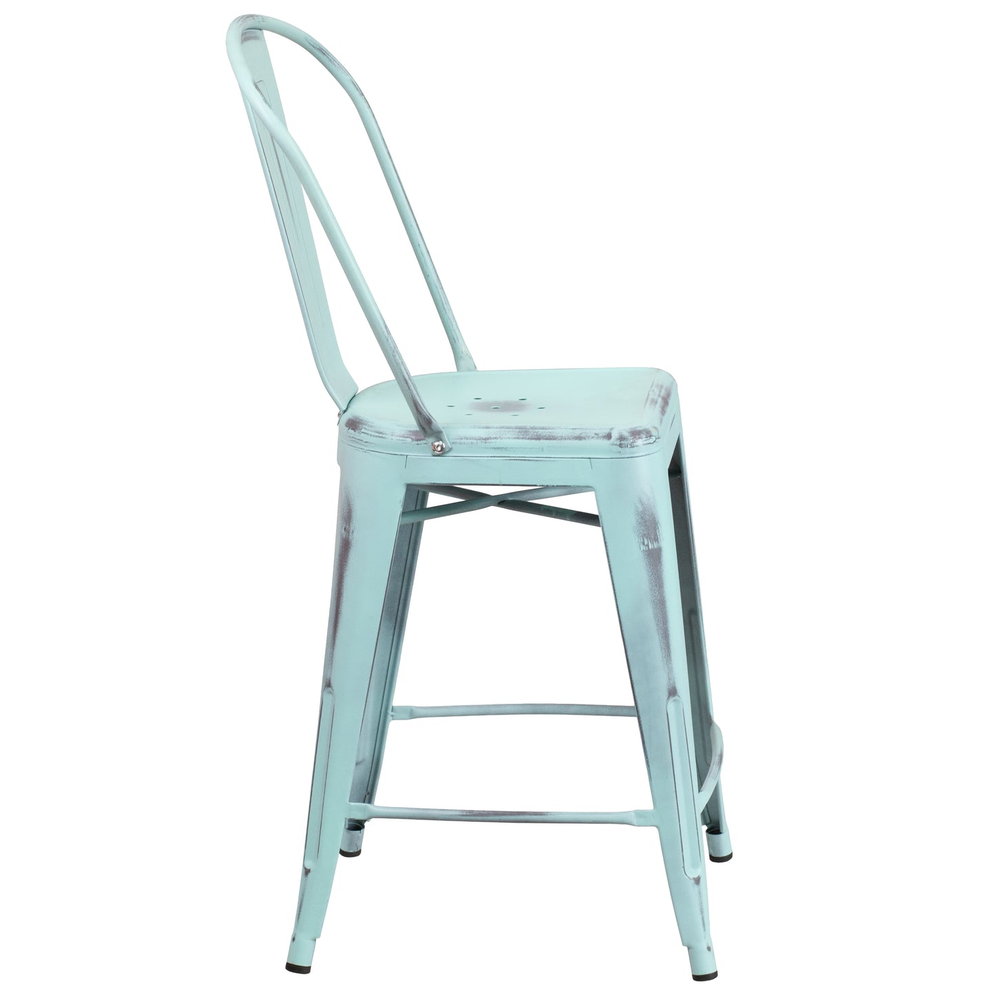 Carly Commercial Grade 24" High Distressed Green-Blue Metal Indoor-Outdoor Counter Height Stool with Back Green-Blue
