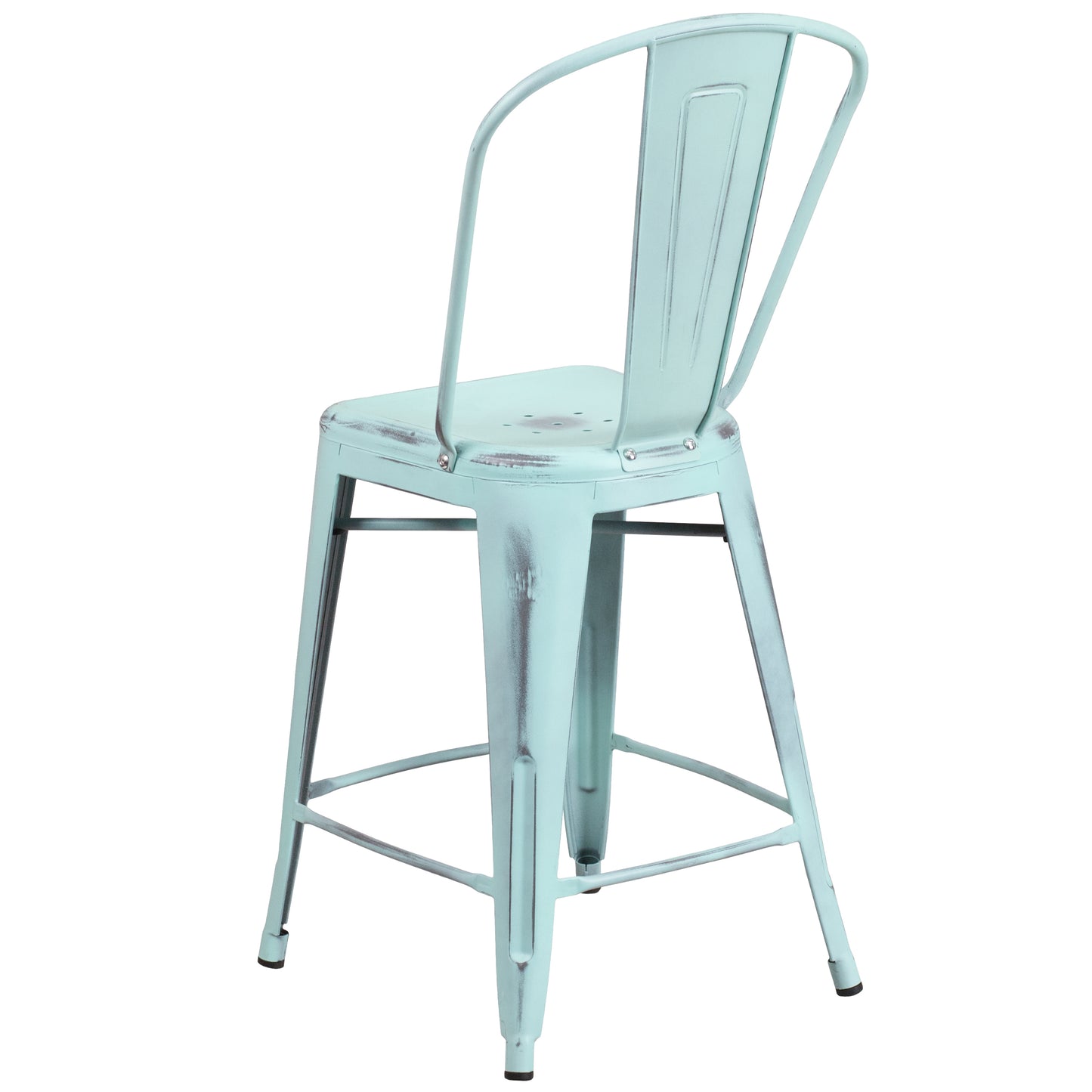 Carly Commercial Grade 24" High Distressed Green-Blue Metal Indoor-Outdoor Counter Height Stool with Back Green-Blue