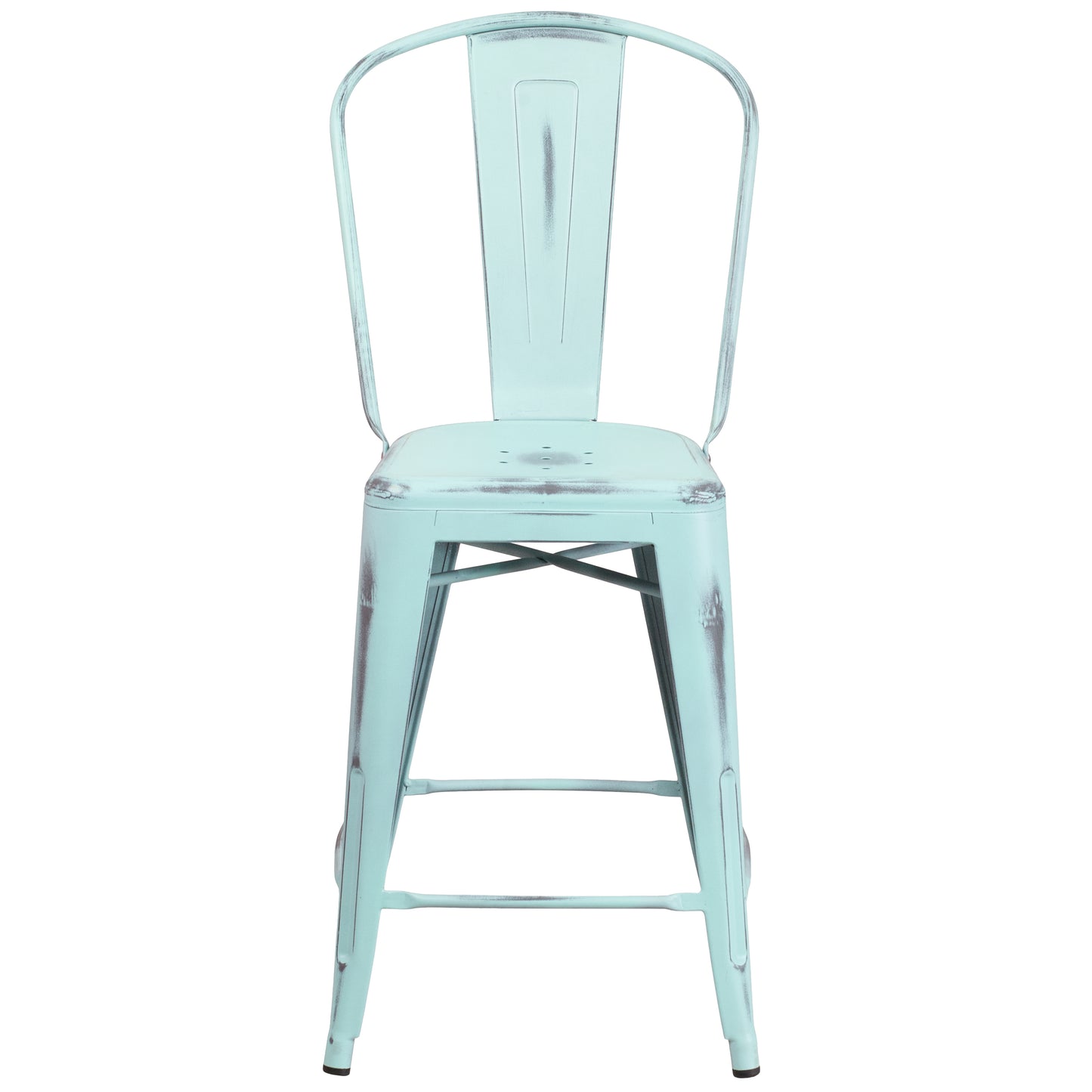 Carly Commercial Grade 24" High Distressed Green-Blue Metal Indoor-Outdoor Counter Height Stool with Back Green-Blue