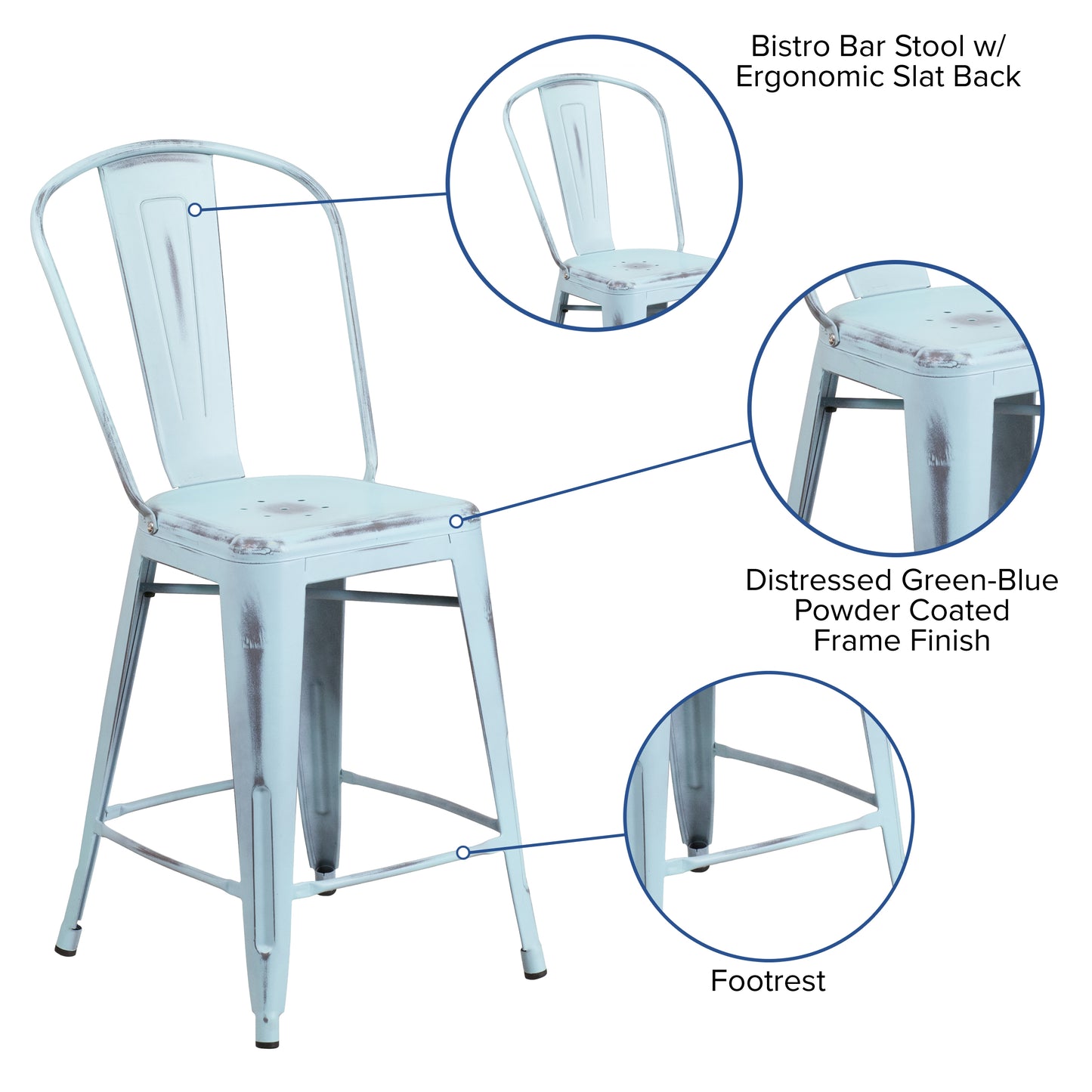 Carly Commercial Grade 24" High Distressed Green-Blue Metal Indoor-Outdoor Counter Height Stool with Back Green-Blue
