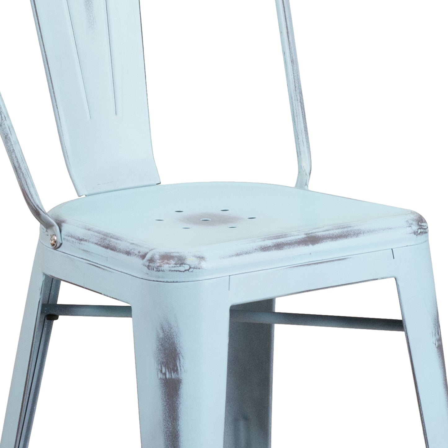 Carly Commercial Grade 24" High Distressed Green-Blue Metal Indoor-Outdoor Counter Height Stool with Back Green-Blue