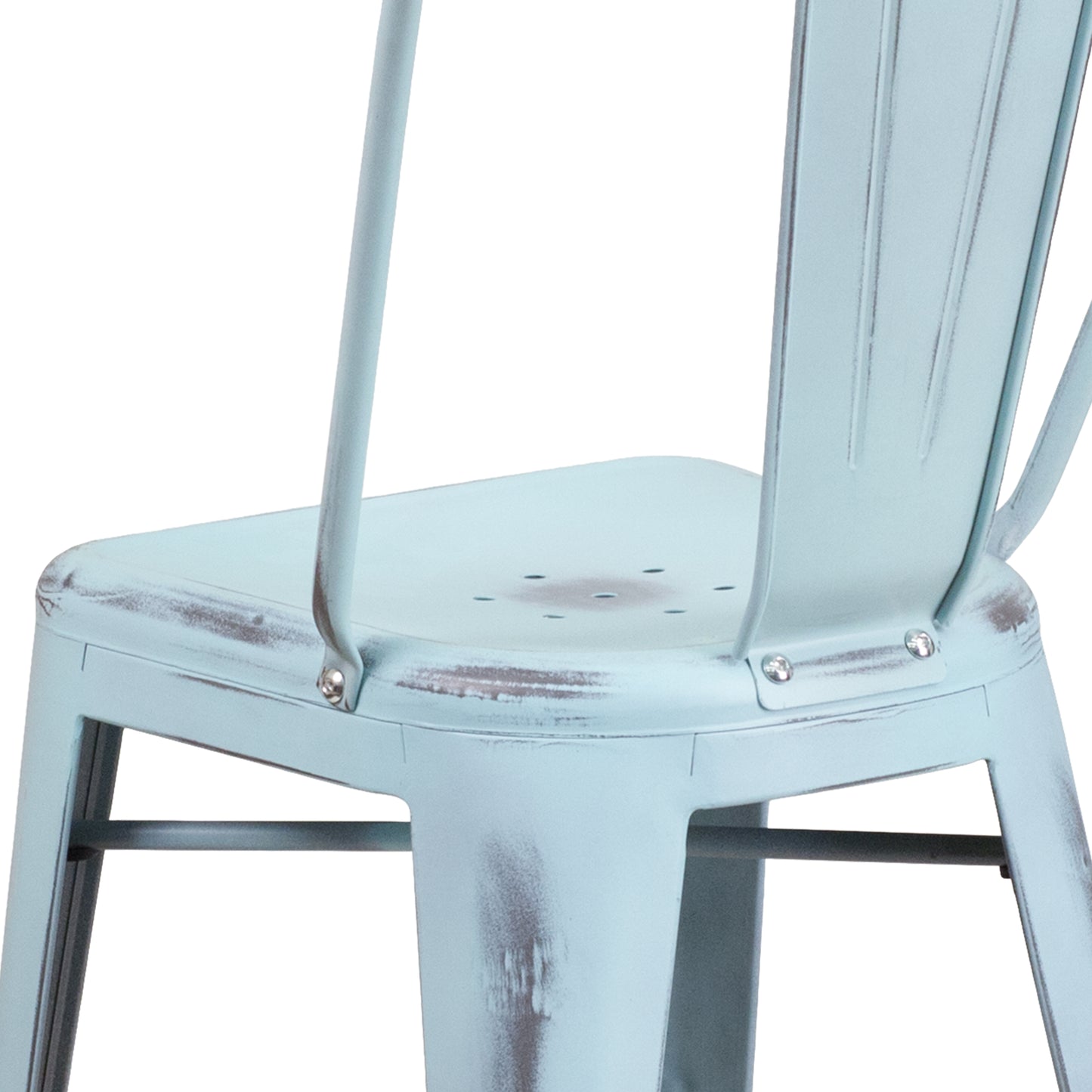 Carly Commercial Grade 24" High Distressed Green-Blue Metal Indoor-Outdoor Counter Height Stool with Back Green-Blue