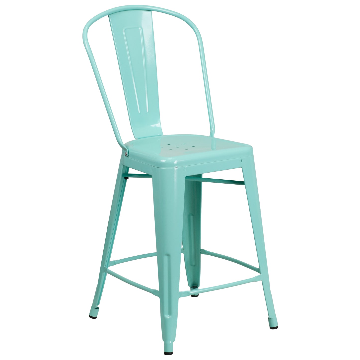 Carly Commercial Grade 24" High Mint Green Metal Indoor-Outdoor Counter Height Stool with Back Mint Green