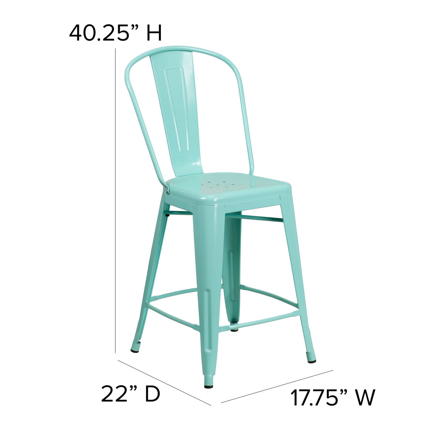 Carly Commercial Grade 24" High Mint Green Metal Indoor-Outdoor Counter Height Stool with Back Mint Green