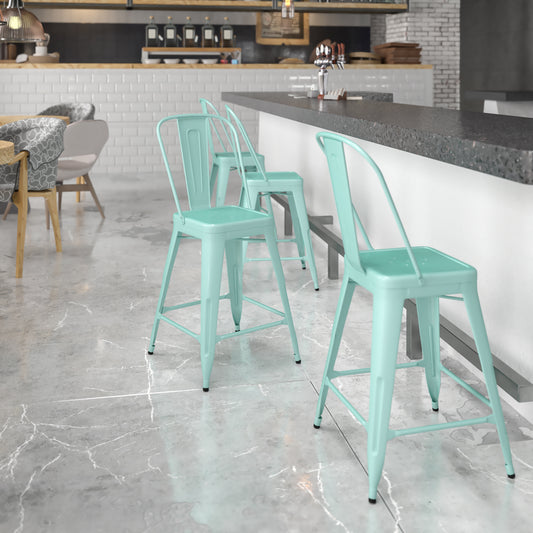 Carly Commercial Grade 24" High Mint Green Metal Indoor-Outdoor Counter Height Stool with Back Mint Green