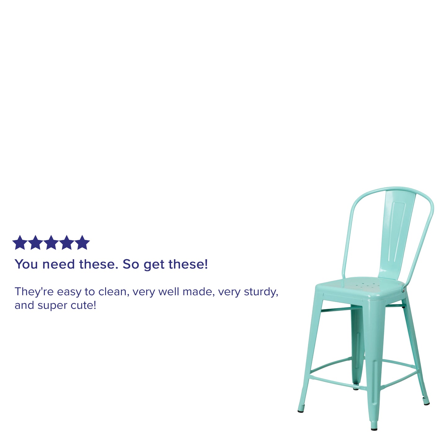 Carly Commercial Grade 24" High Mint Green Metal Indoor-Outdoor Counter Height Stool with Back Mint Green