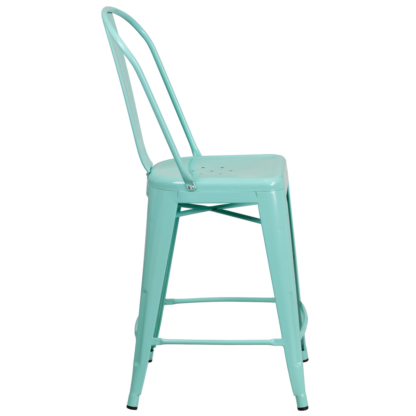 Carly Commercial Grade 24" High Mint Green Metal Indoor-Outdoor Counter Height Stool with Back Mint Green