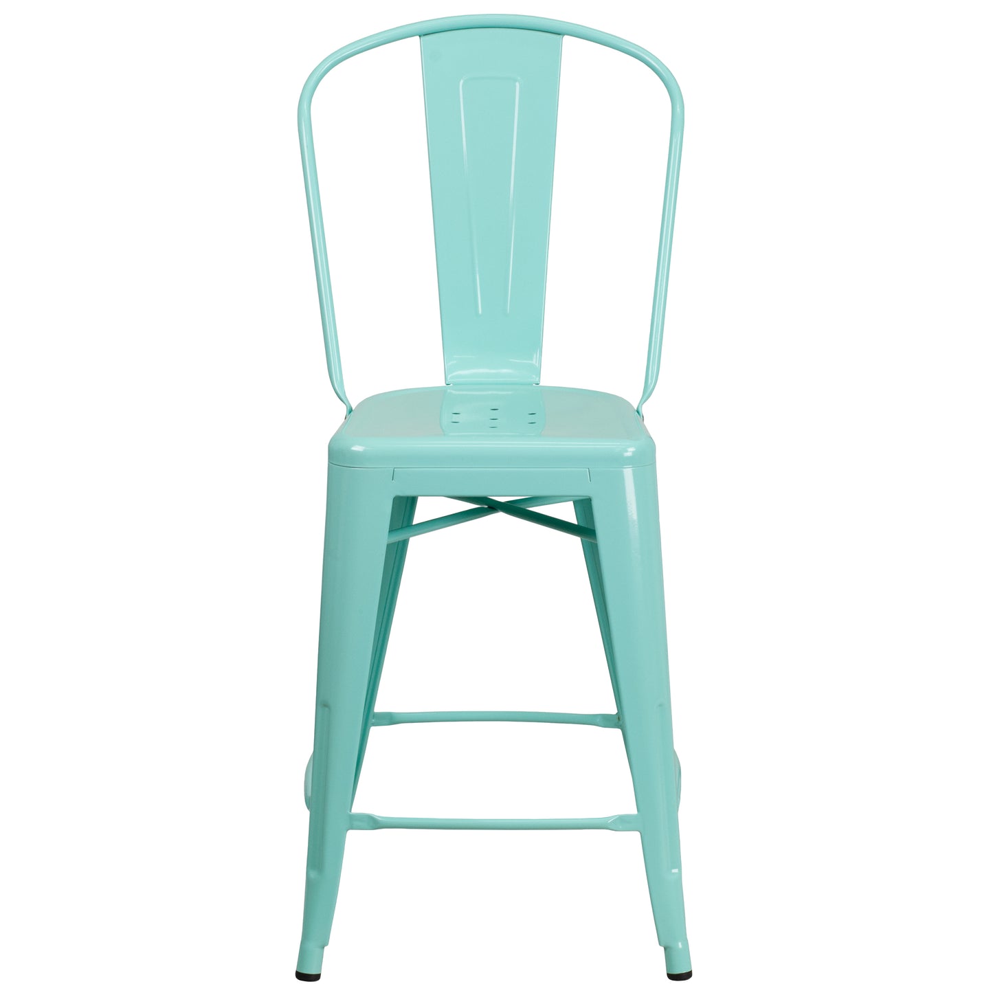 Carly Commercial Grade 24" High Mint Green Metal Indoor-Outdoor Counter Height Stool with Back Mint Green