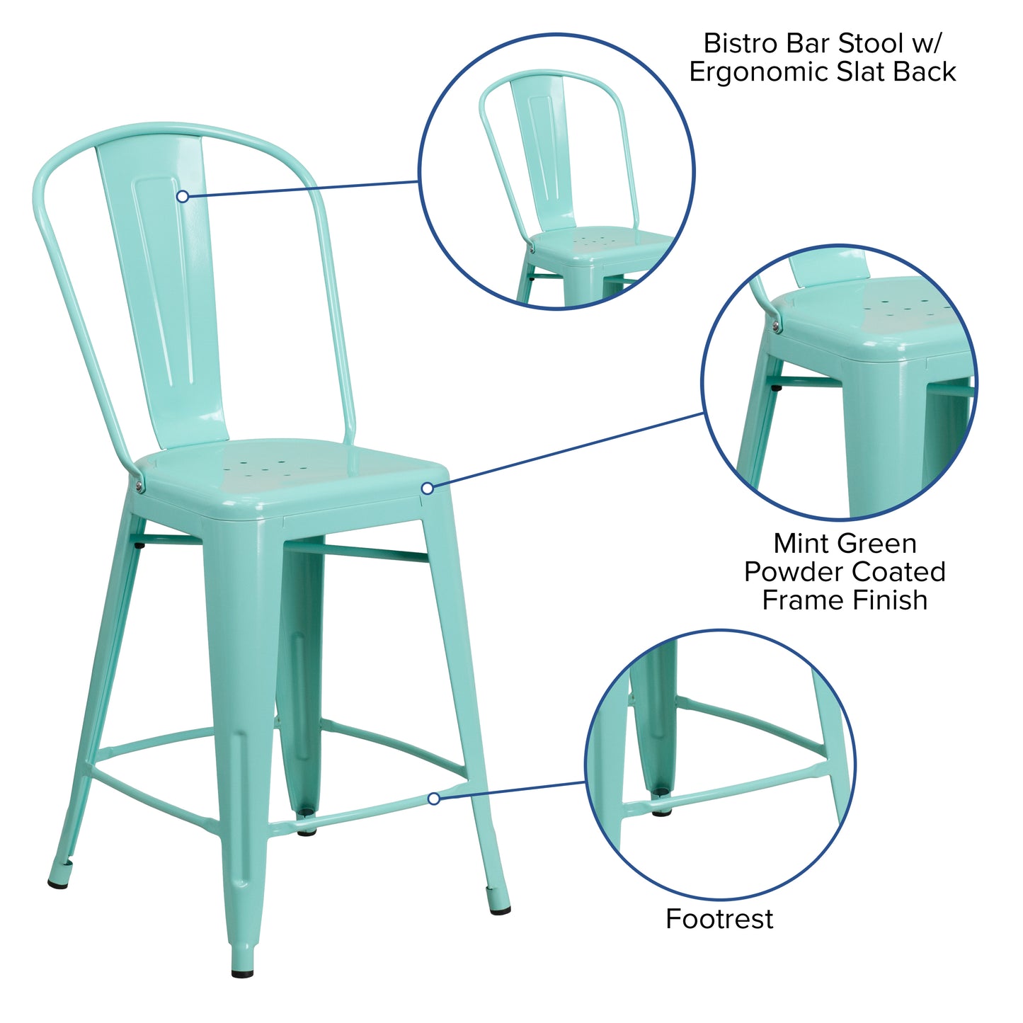 Carly Commercial Grade 24" High Mint Green Metal Indoor-Outdoor Counter Height Stool with Back Mint Green