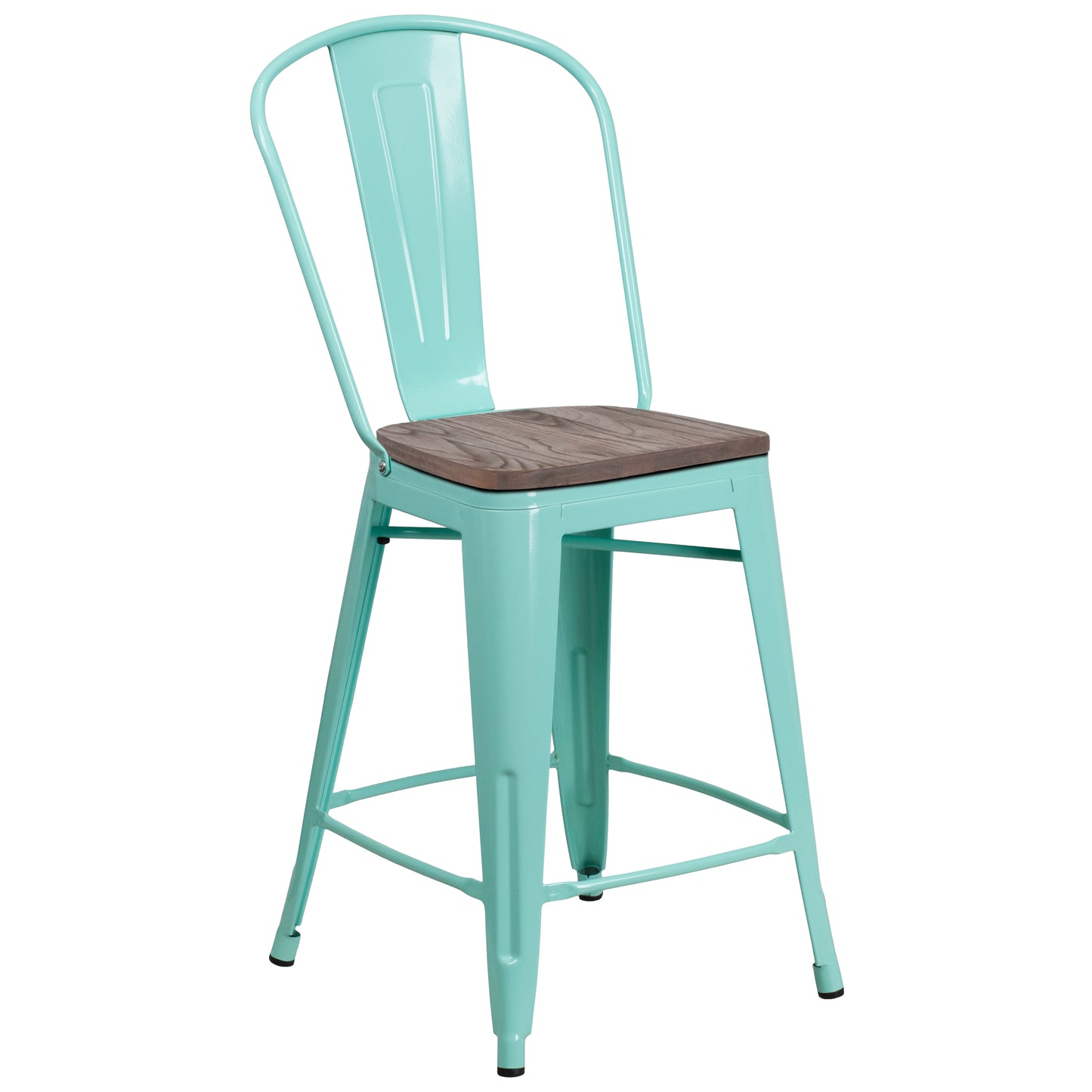 Carly 24" High Mint Green Metal Counter Height Stool with Back and Wood Seat Mint Green