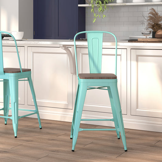 Carly 24" High Mint Green Metal Counter Height Stool with Back and Wood Seat Mint Green