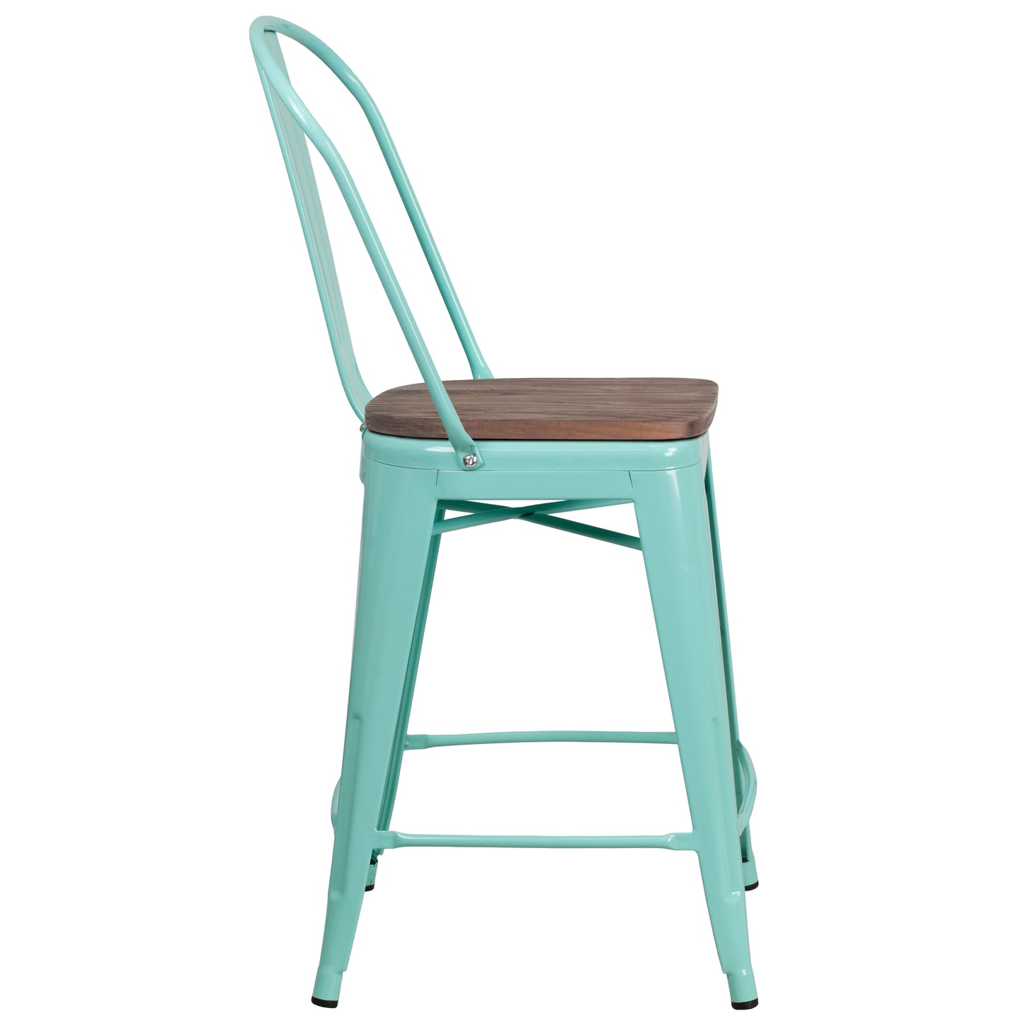 Carly 24" High Mint Green Metal Counter Height Stool with Back and Wood Seat Mint Green