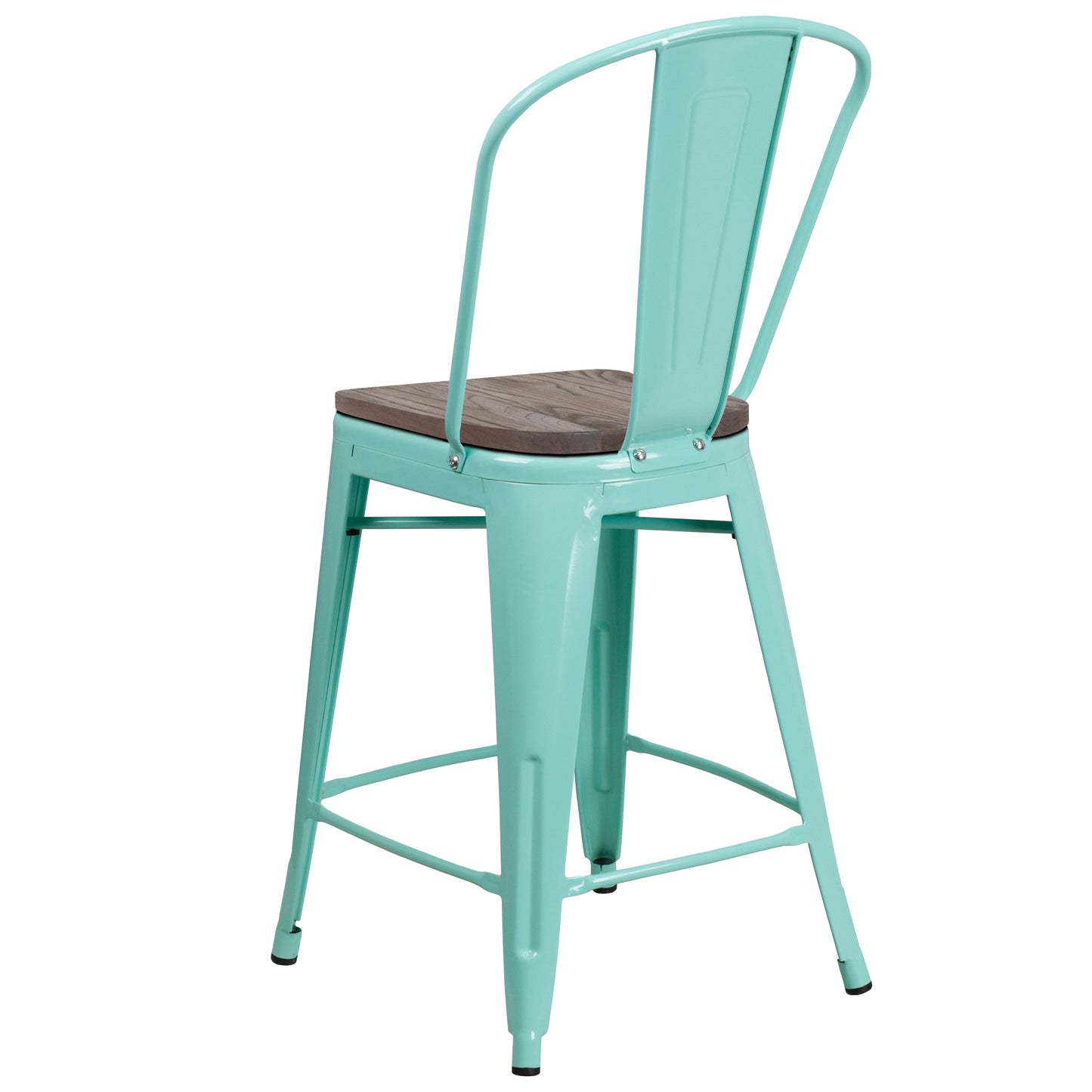 Carly 24" High Mint Green Metal Counter Height Stool with Back and Wood Seat Mint Green
