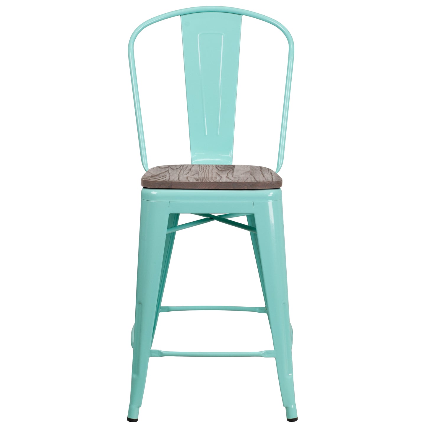 Carly 24" High Mint Green Metal Counter Height Stool with Back and Wood Seat Mint Green