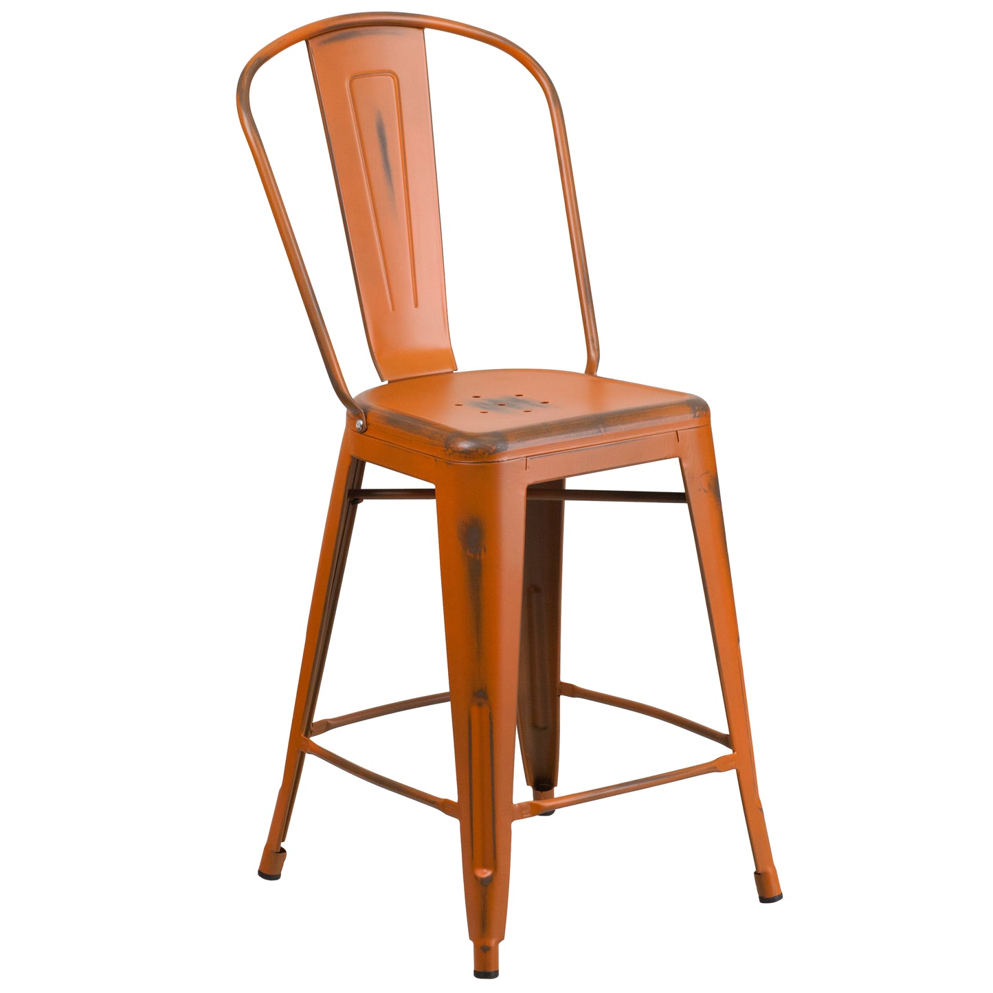Carly Commercial Grade 24" High Distressed Orange Metal Indoor-Outdoor Counter Height Stool with Back Orange