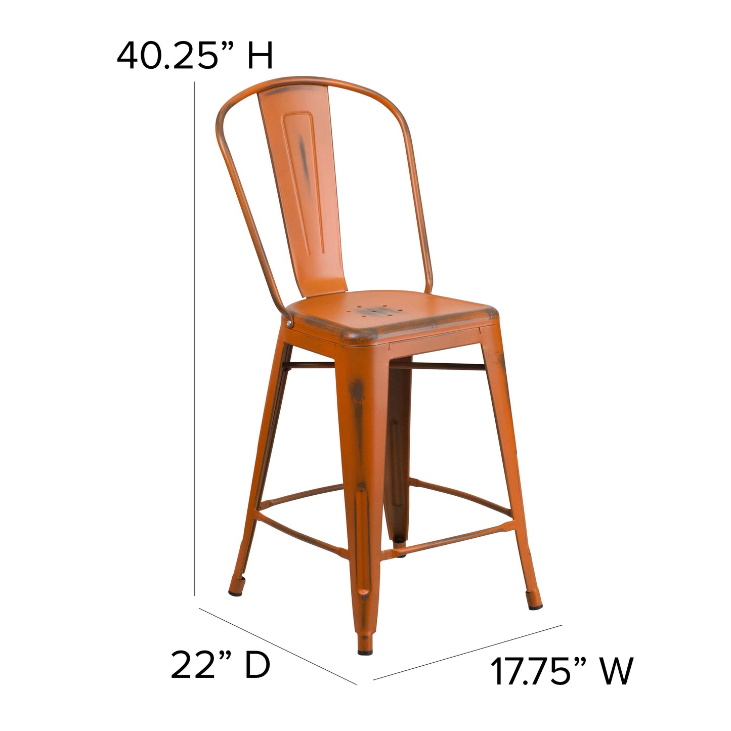 Carly Commercial Grade 24" High Distressed Orange Metal Indoor-Outdoor Counter Height Stool with Back Orange