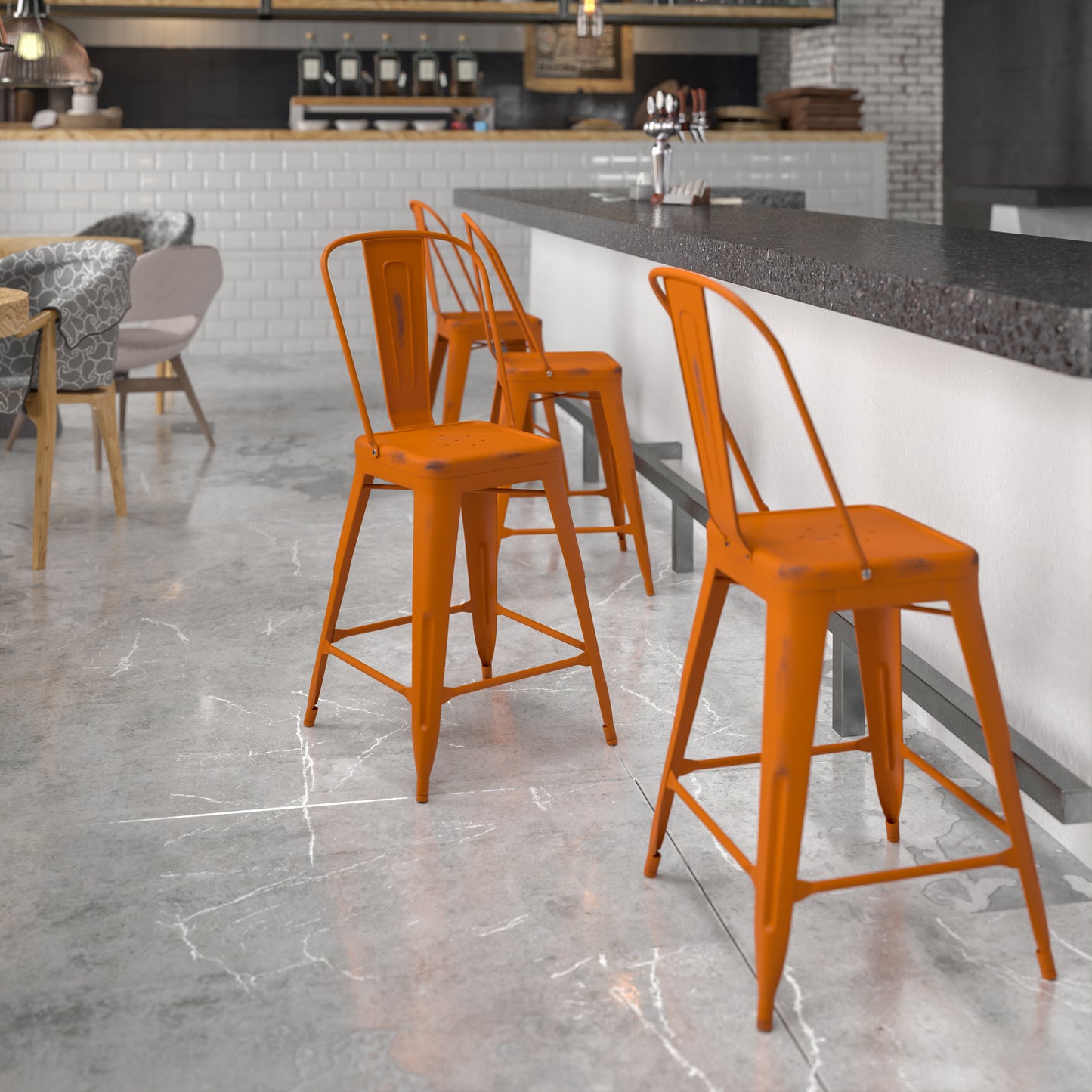 Carly Commercial Grade 24" High Distressed Orange Metal Indoor-Outdoor Counter Height Stool with Back Orange