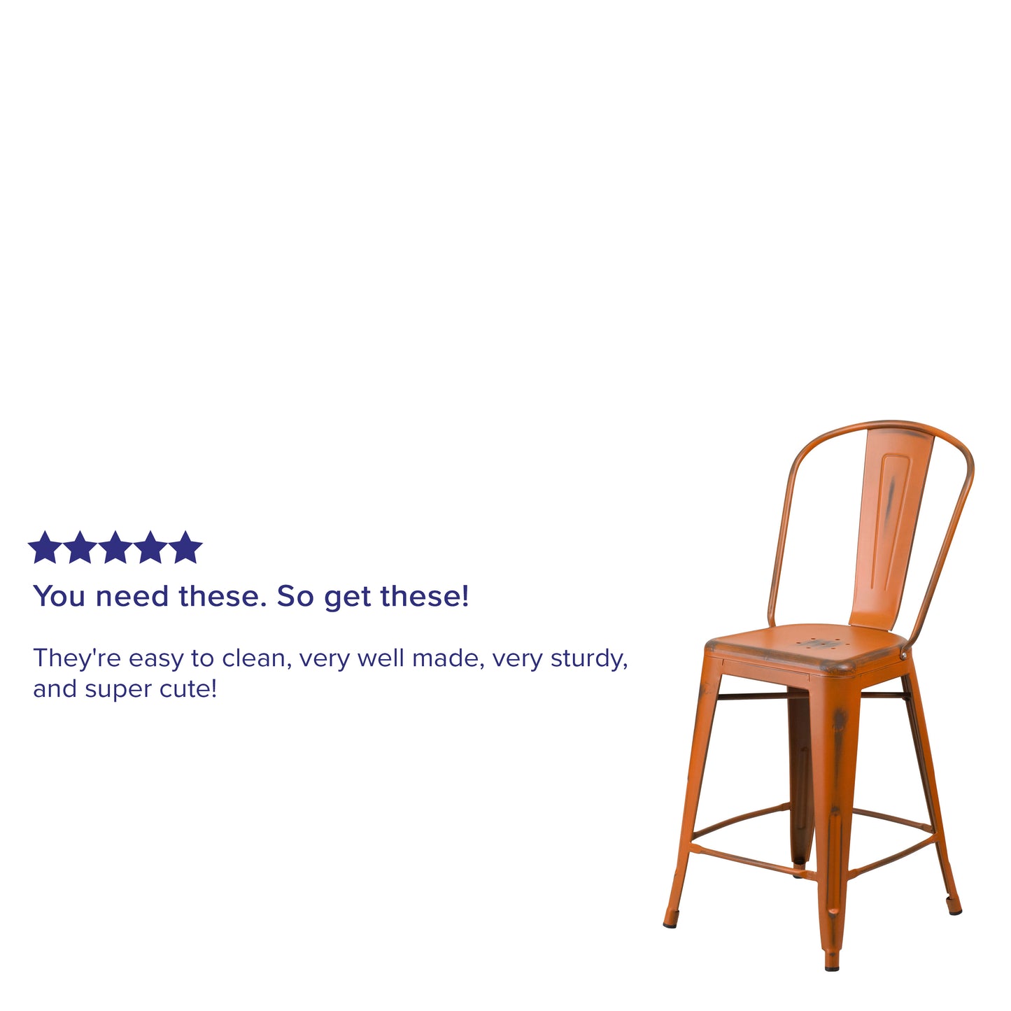 Carly Commercial Grade 24" High Distressed Orange Metal Indoor-Outdoor Counter Height Stool with Back Orange