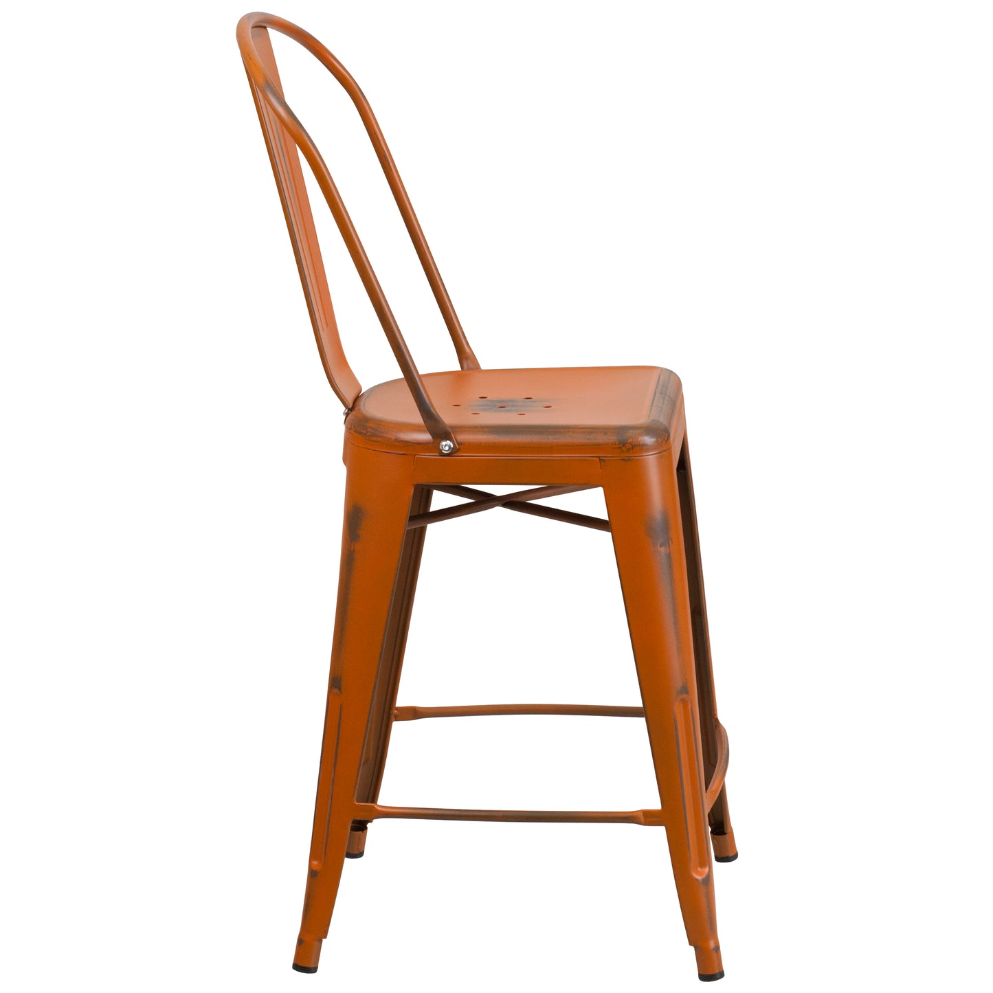 Carly Commercial Grade 24" High Distressed Orange Metal Indoor-Outdoor Counter Height Stool with Back Orange