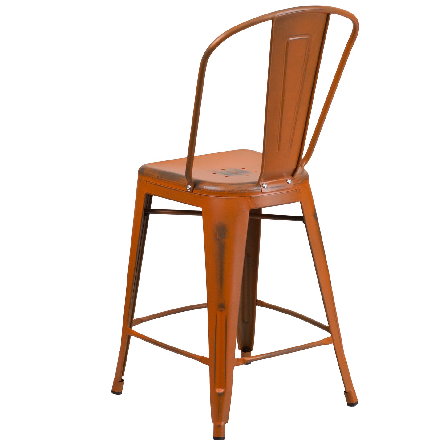 Carly Commercial Grade 24" High Distressed Orange Metal Indoor-Outdoor Counter Height Stool with Back Orange