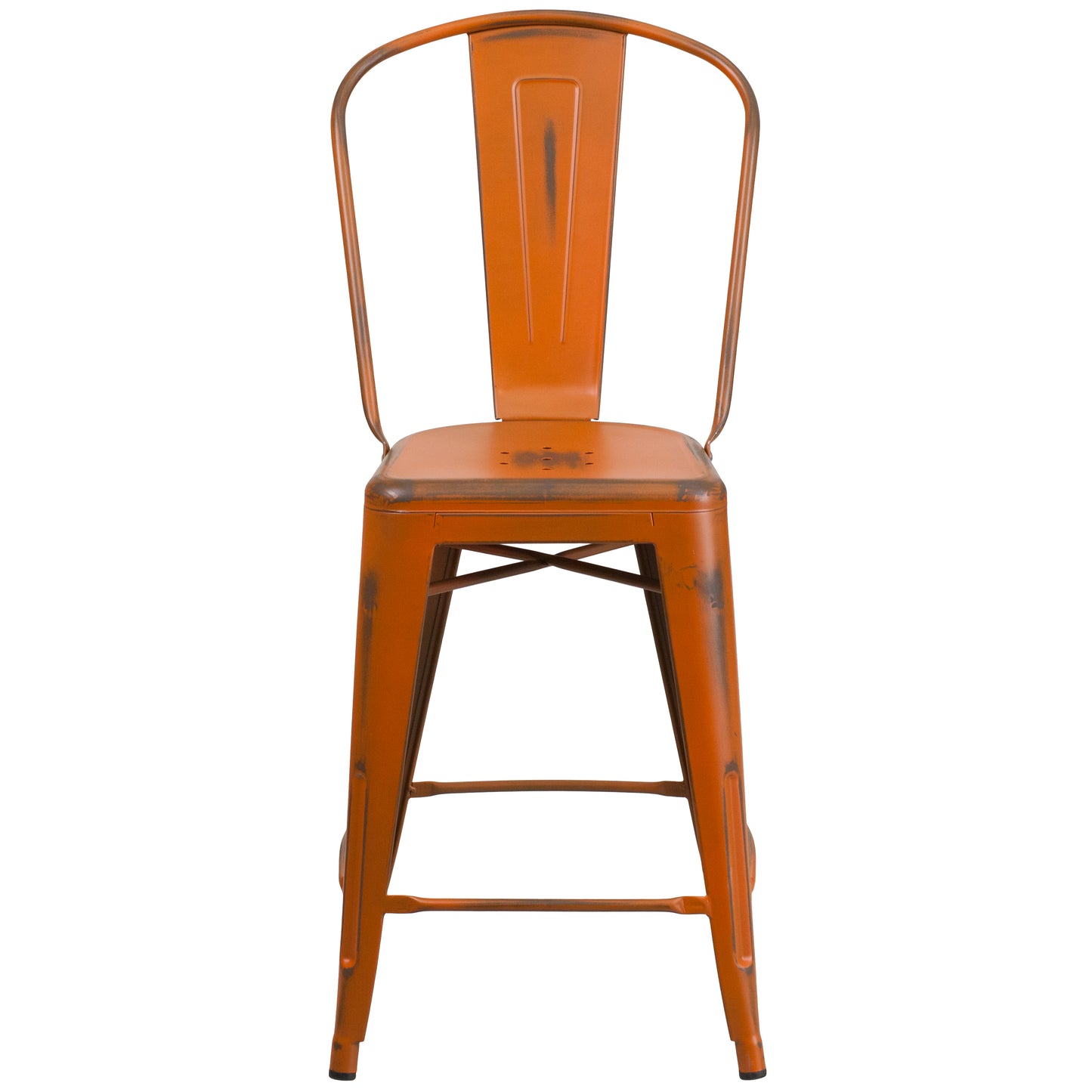 Carly Commercial Grade 24" High Distressed Orange Metal Indoor-Outdoor Counter Height Stool with Back Orange