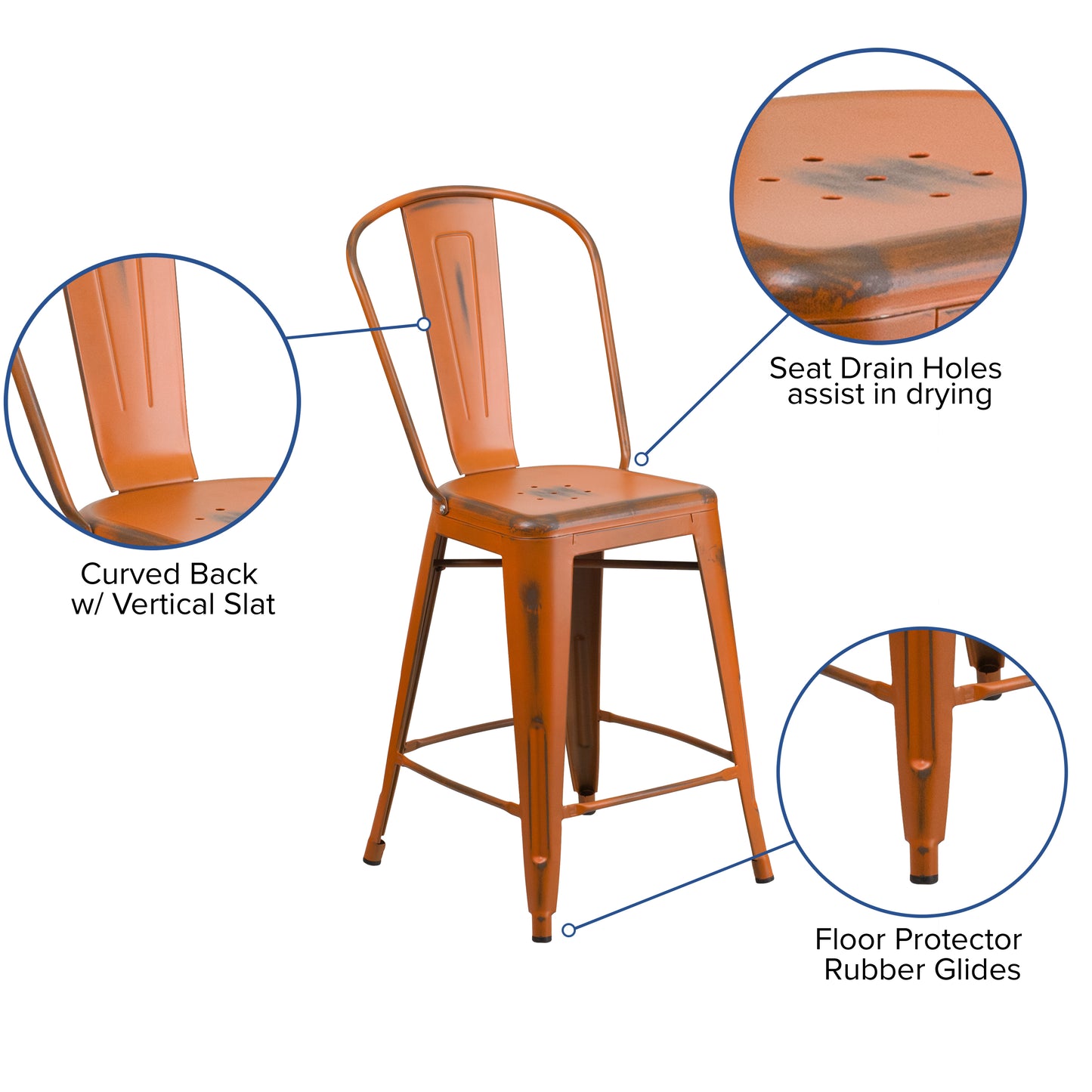 Carly Commercial Grade 24" High Distressed Orange Metal Indoor-Outdoor Counter Height Stool with Back Orange