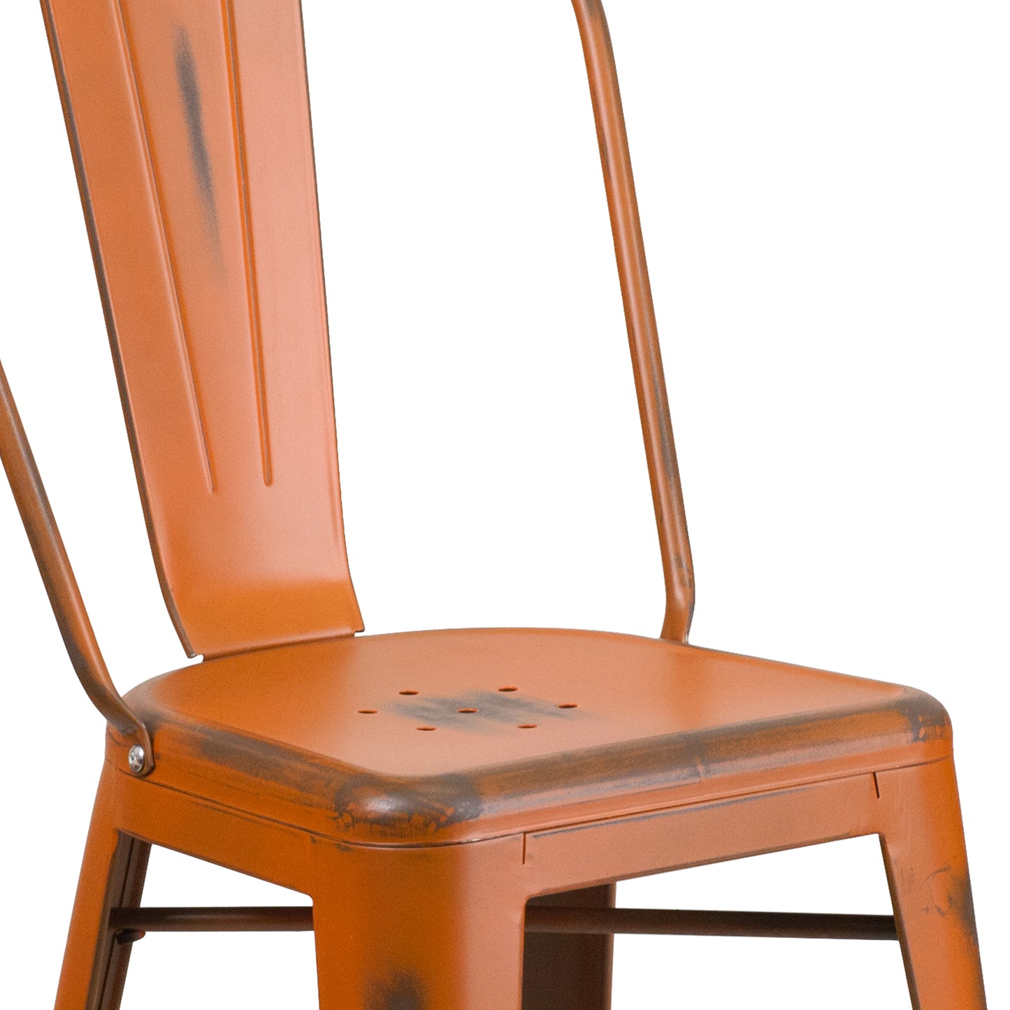 Carly Commercial Grade 24" High Distressed Orange Metal Indoor-Outdoor Counter Height Stool with Back Orange