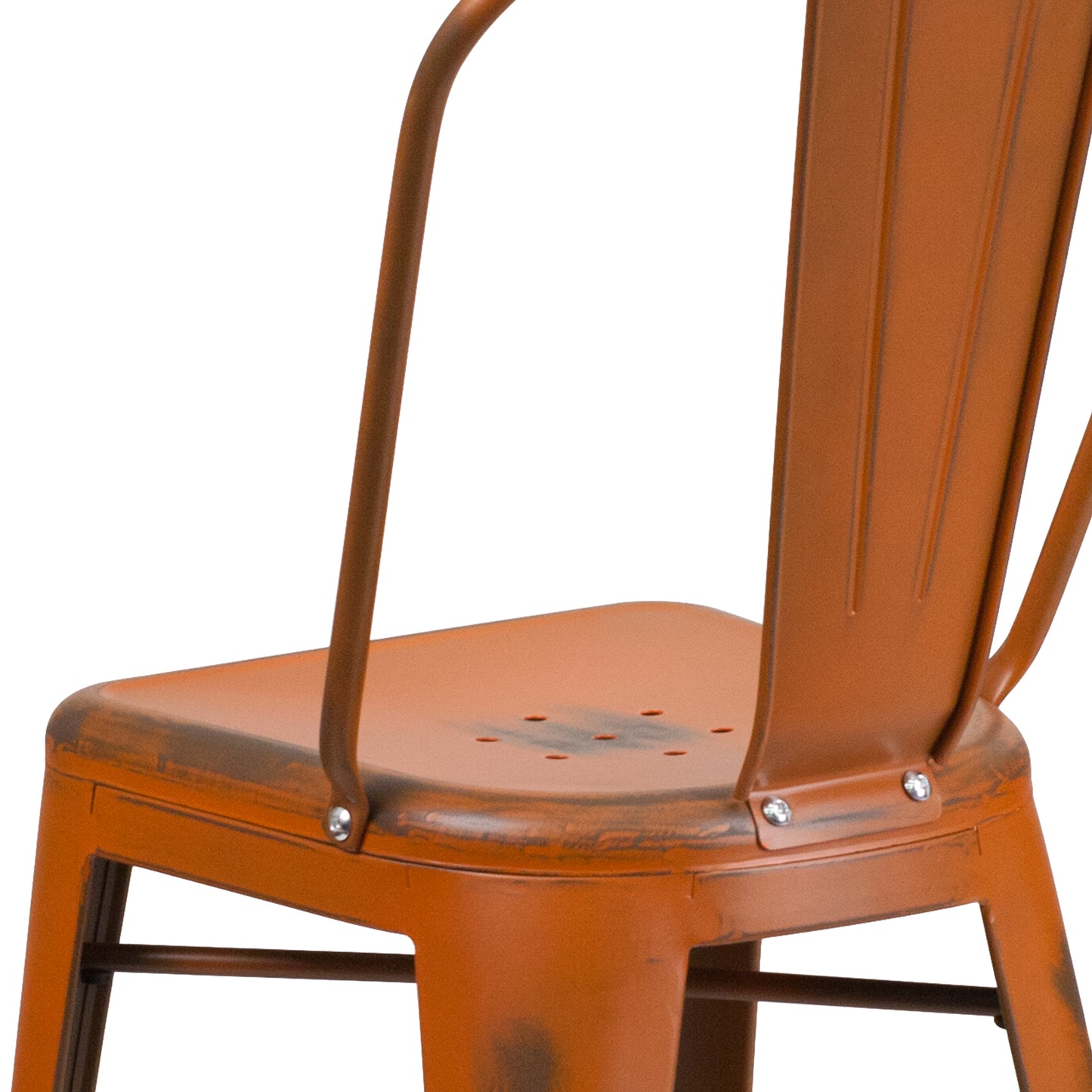 Carly Commercial Grade 24" High Distressed Orange Metal Indoor-Outdoor Counter Height Stool with Back Orange