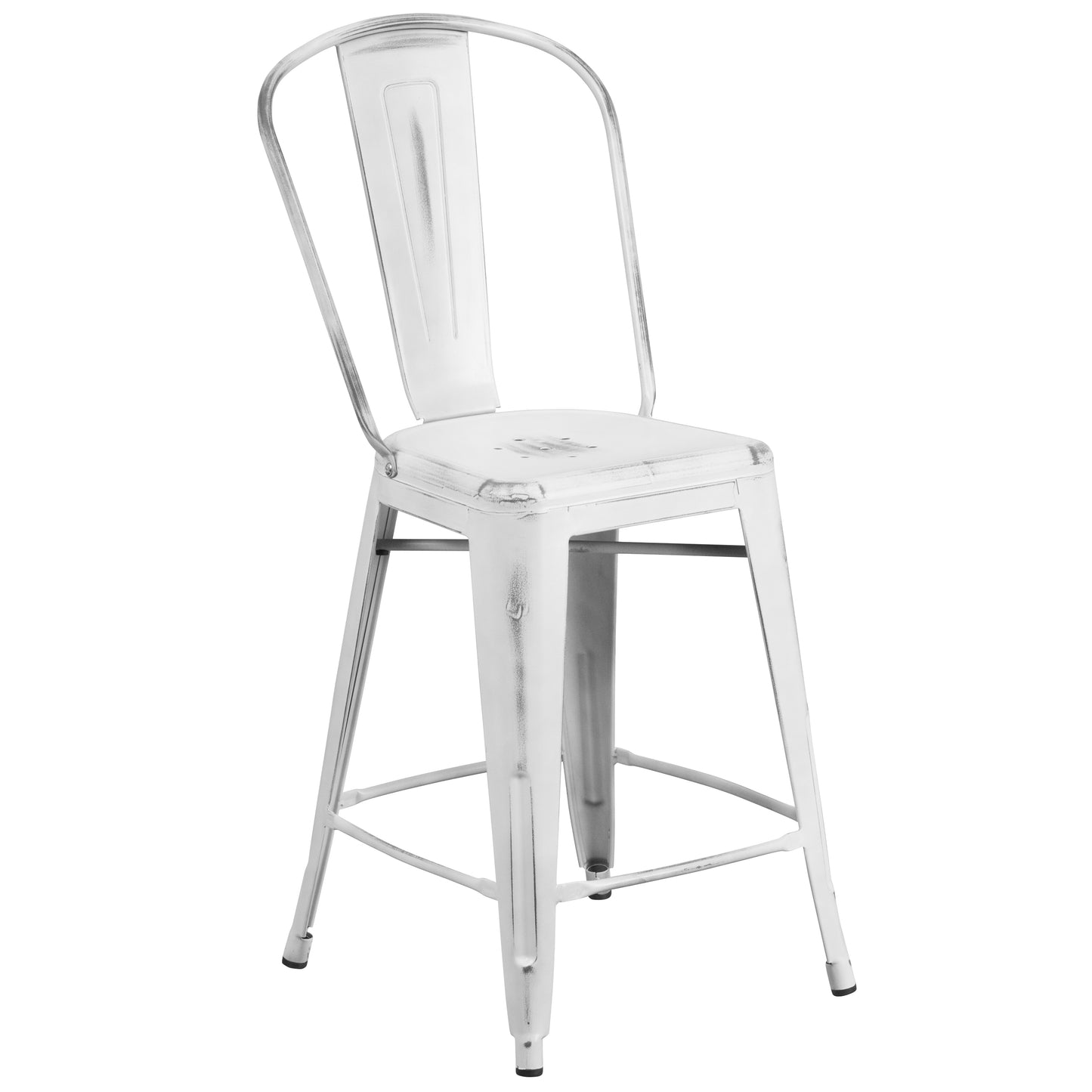 Carly Commercial Grade 24" High Distressed White Metal Indoor-Outdoor Counter Height Stool with Back White
