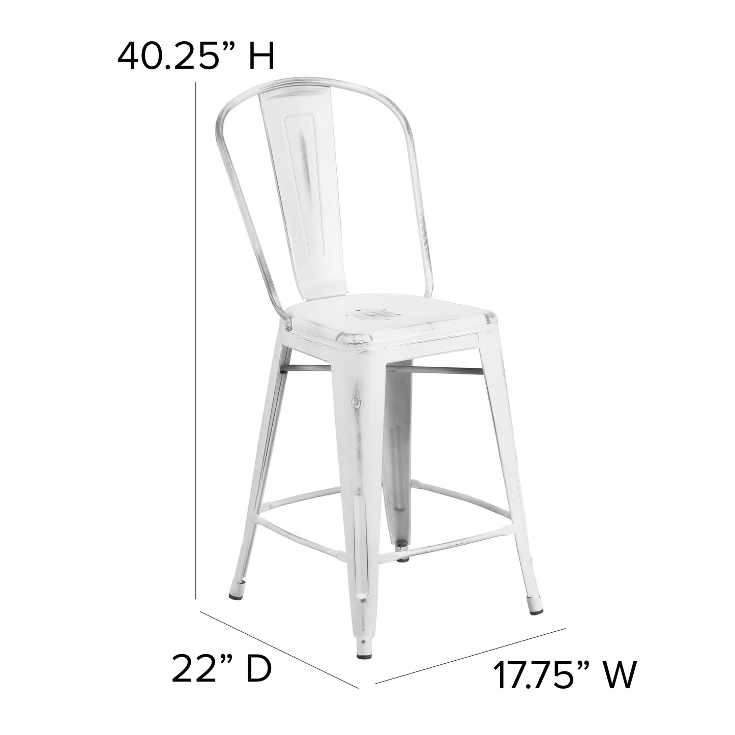 Carly Commercial Grade 24" High Distressed White Metal Indoor-Outdoor Counter Height Stool with Back White