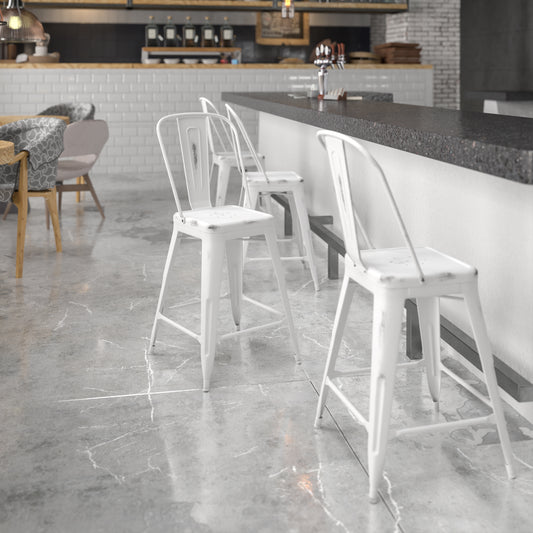Carly Commercial Grade 24" High Distressed White Metal Indoor-Outdoor Counter Height Stool with Back White