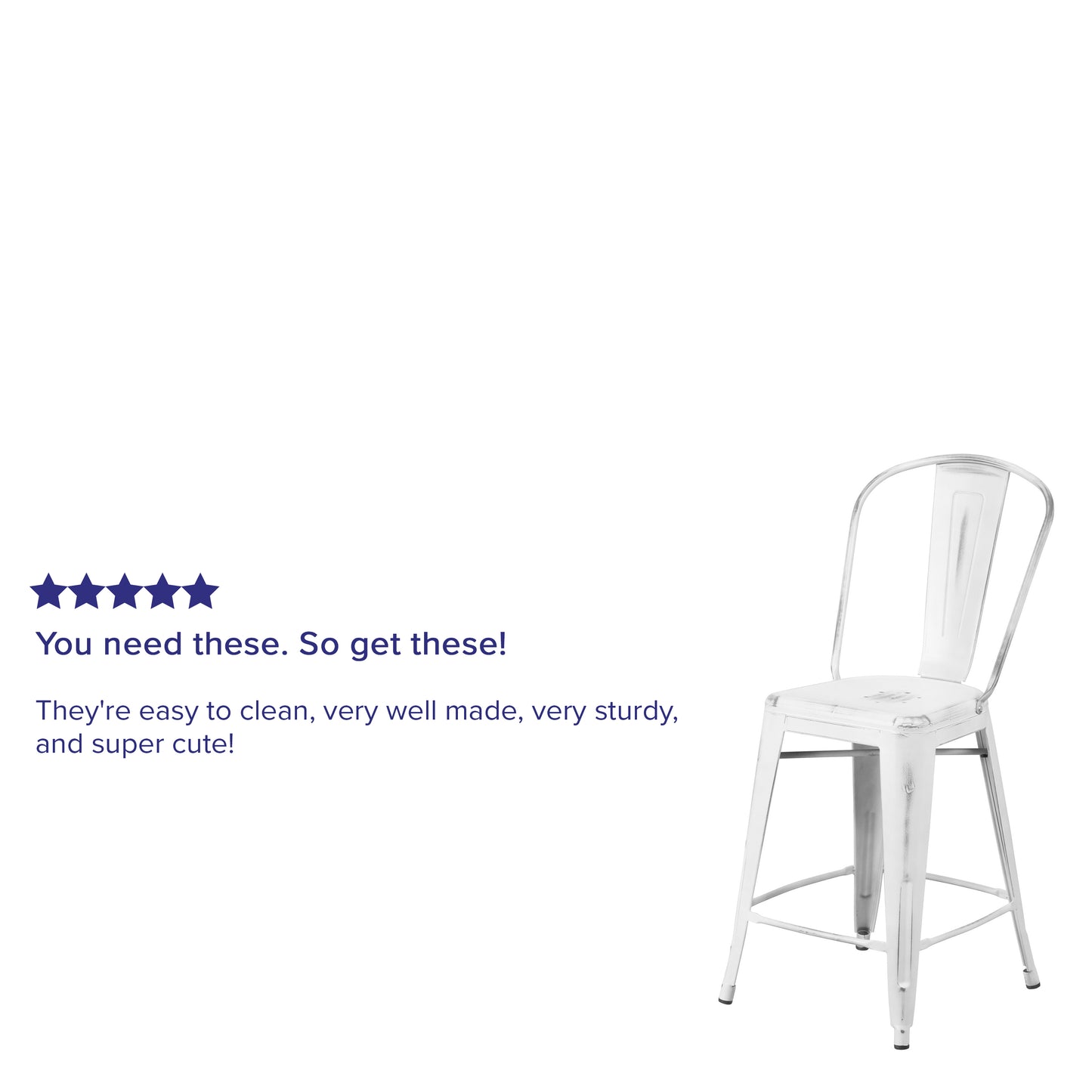 Carly Commercial Grade 24" High Distressed White Metal Indoor-Outdoor Counter Height Stool with Back White