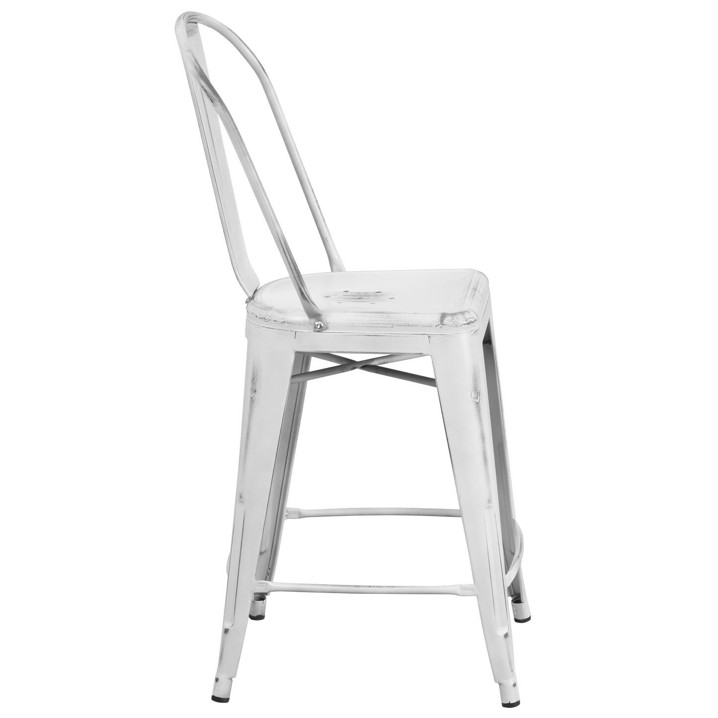 Carly Commercial Grade 24" High Distressed White Metal Indoor-Outdoor Counter Height Stool with Back White