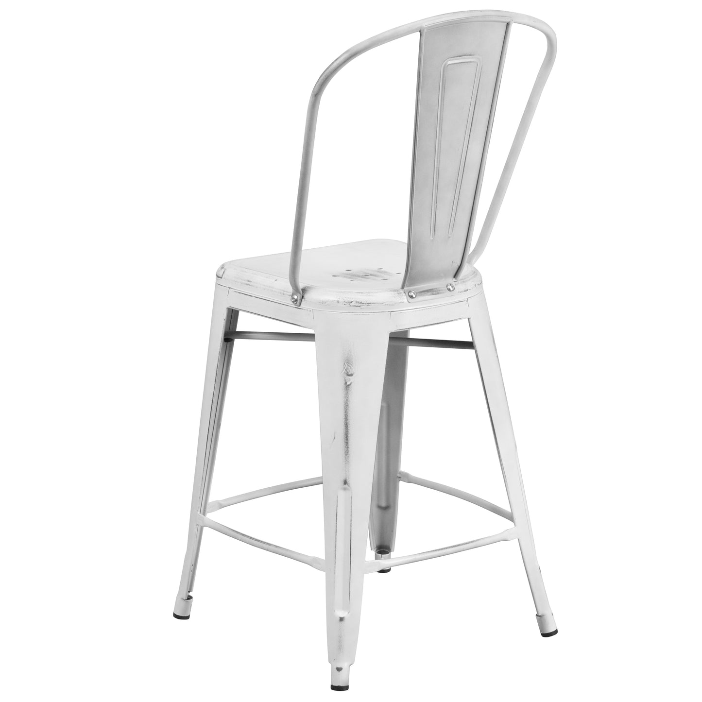 Carly Commercial Grade 24" High Distressed White Metal Indoor-Outdoor Counter Height Stool with Back White