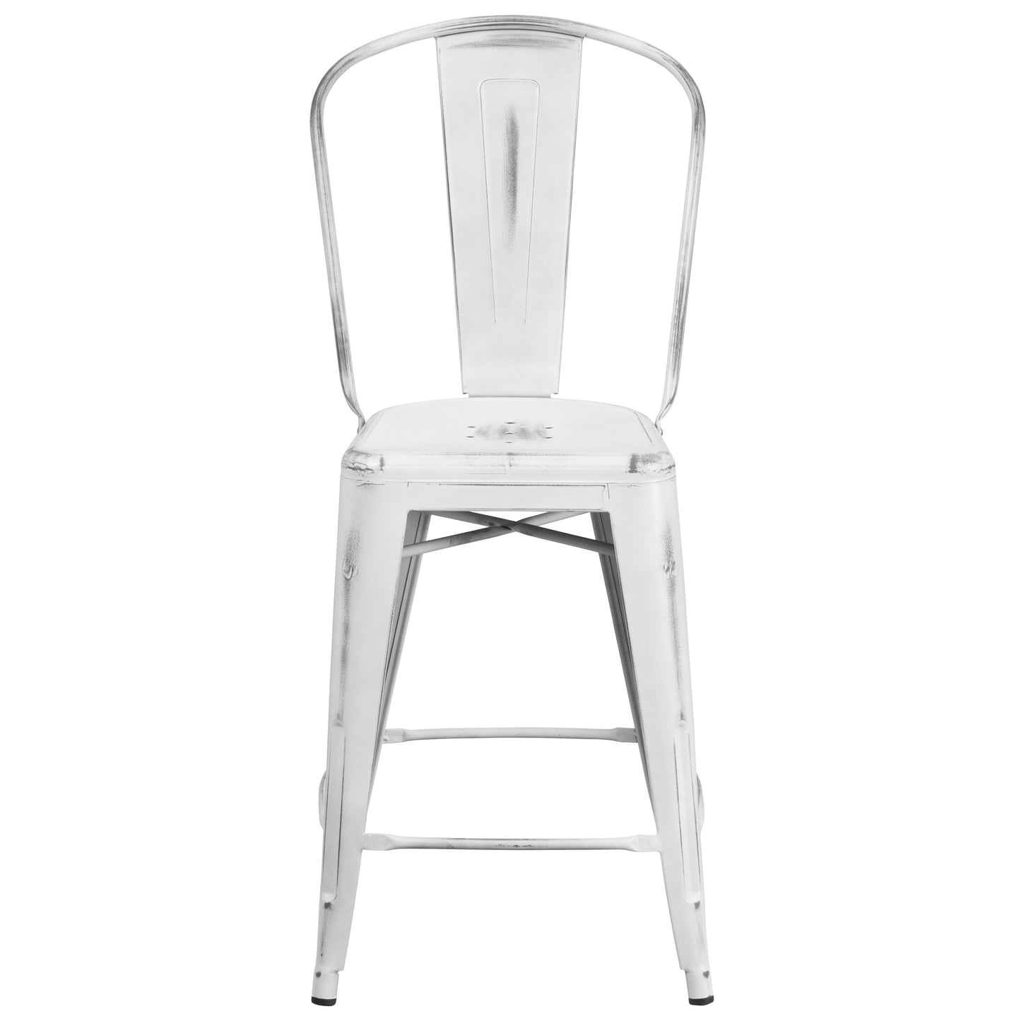 Carly Commercial Grade 24" High Distressed White Metal Indoor-Outdoor Counter Height Stool with Back White