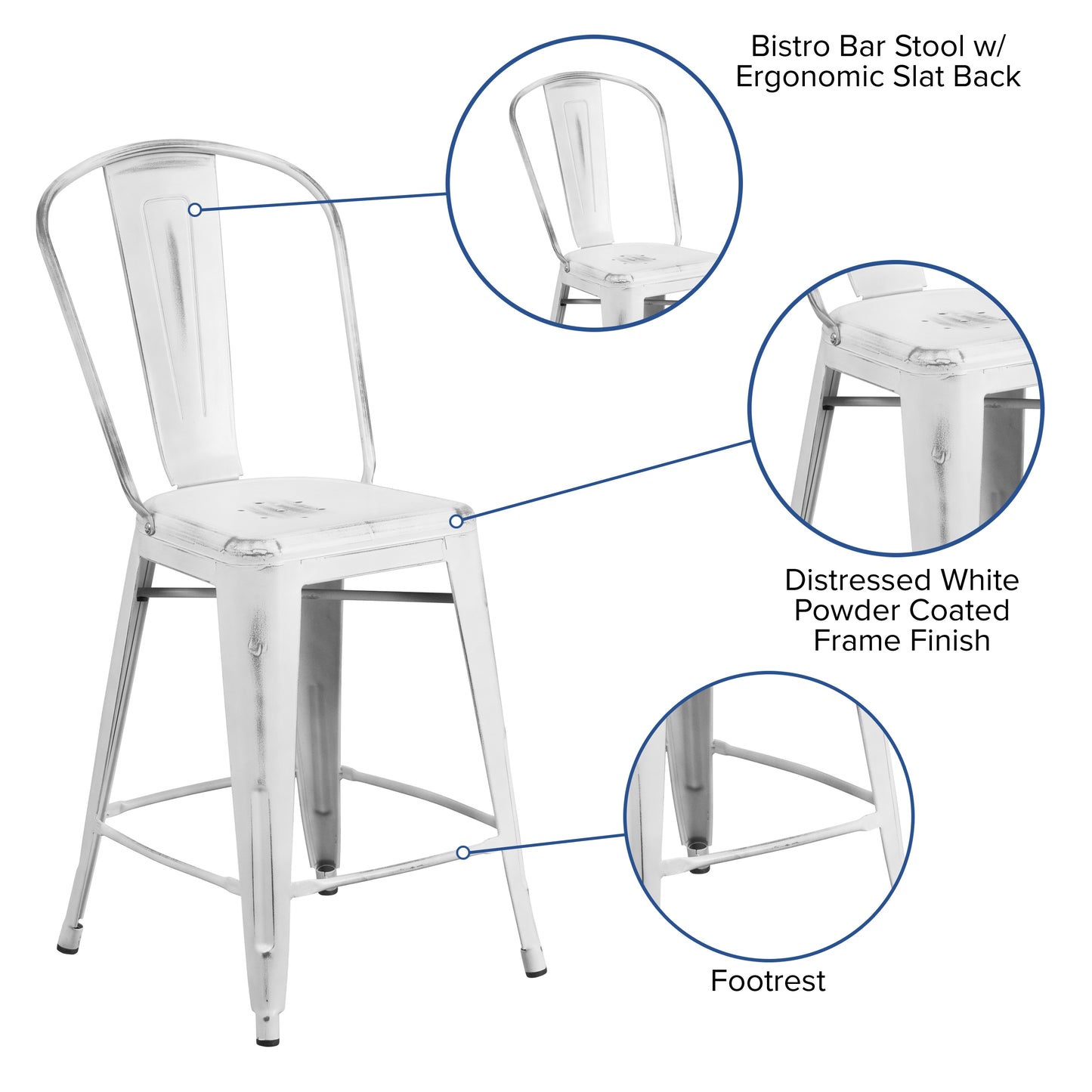Carly Commercial Grade 24" High Distressed White Metal Indoor-Outdoor Counter Height Stool with Back White