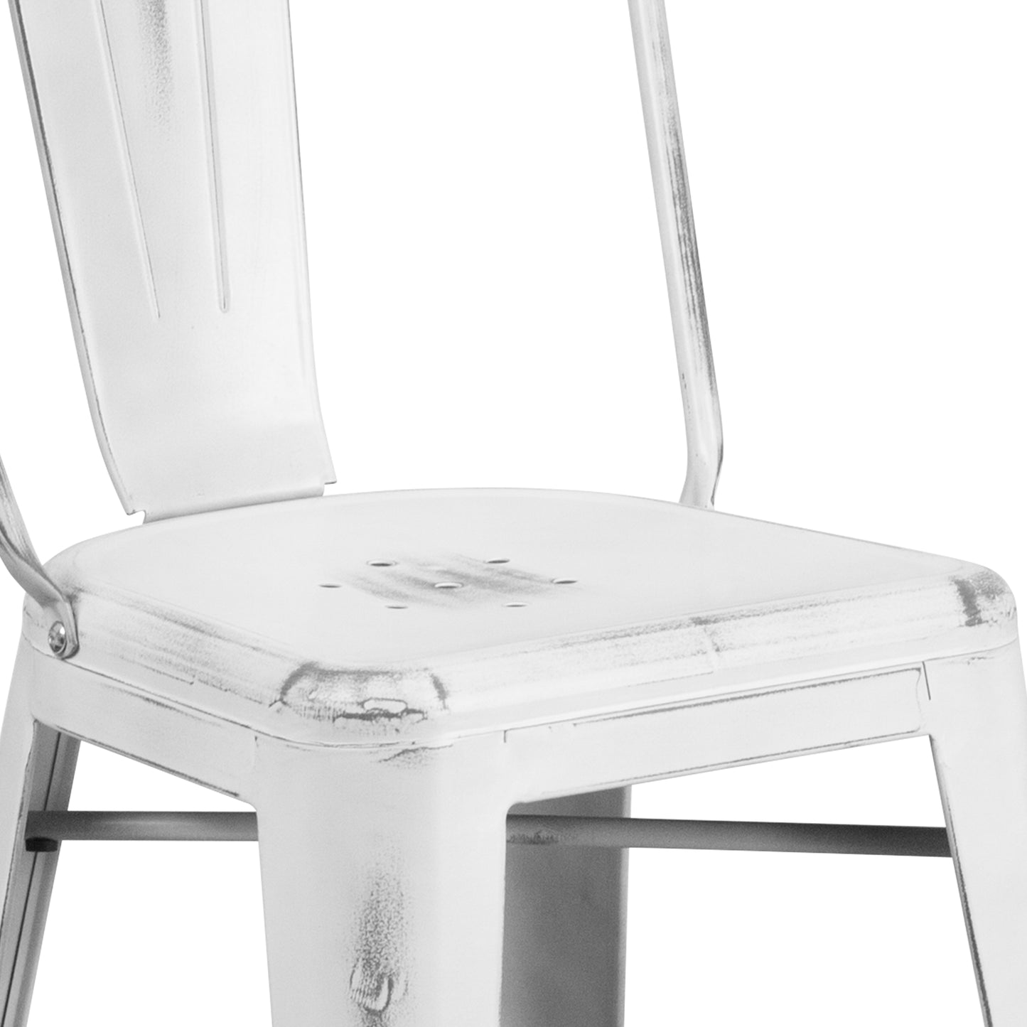 Carly Commercial Grade 24" High Distressed White Metal Indoor-Outdoor Counter Height Stool with Back White
