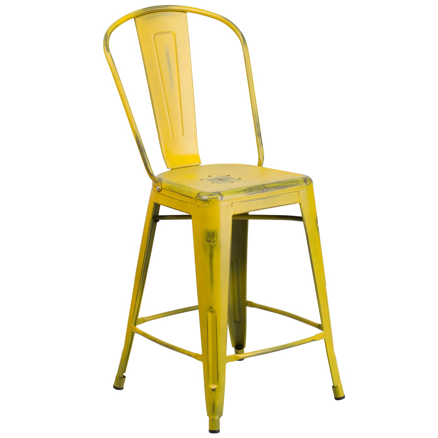 Carly Commercial Grade 24" High Distressed Yellow Metal Indoor-Outdoor Counter Height Stool with Back Yellow