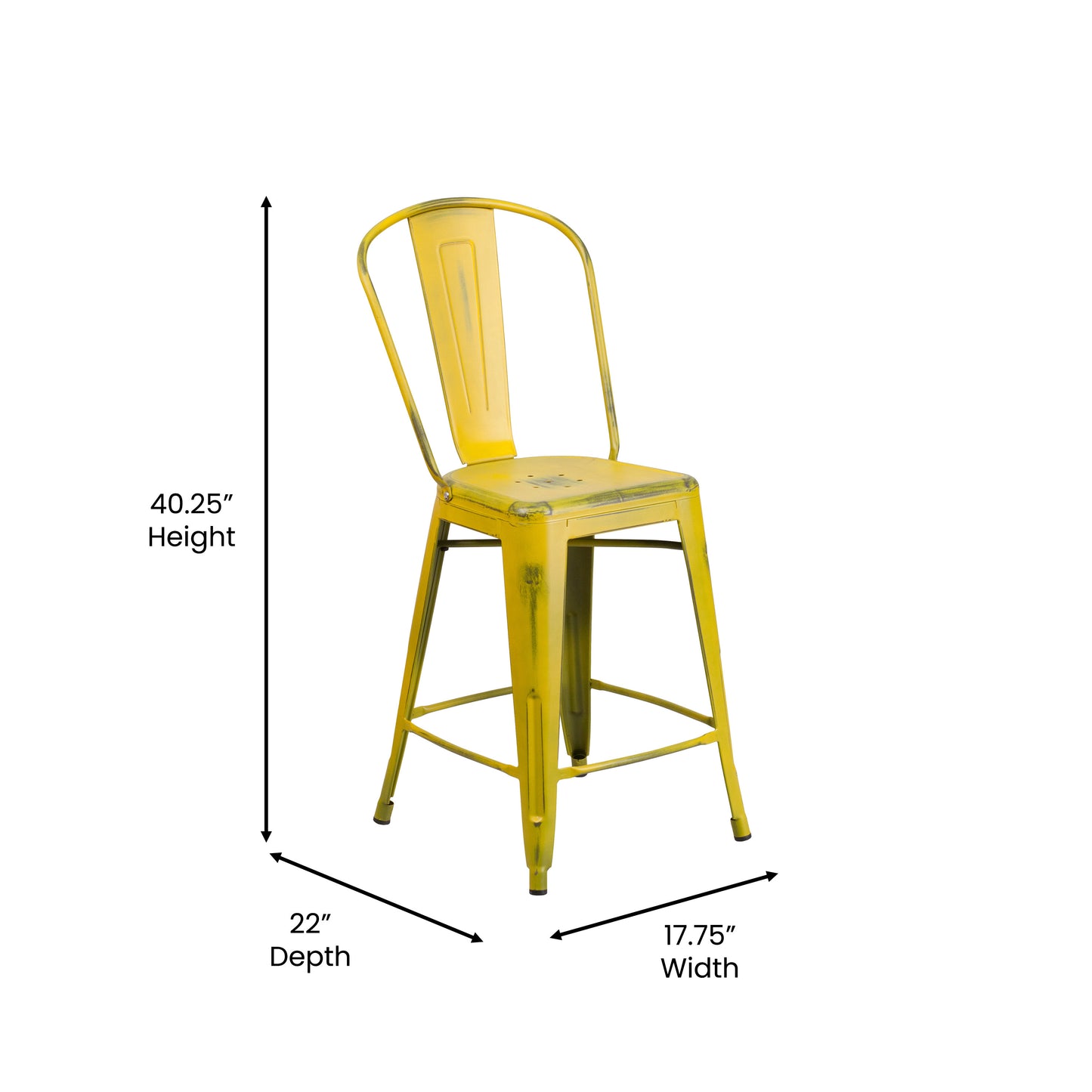 Carly Commercial Grade 24" High Distressed Yellow Metal Indoor-Outdoor Counter Height Stool with Back Yellow