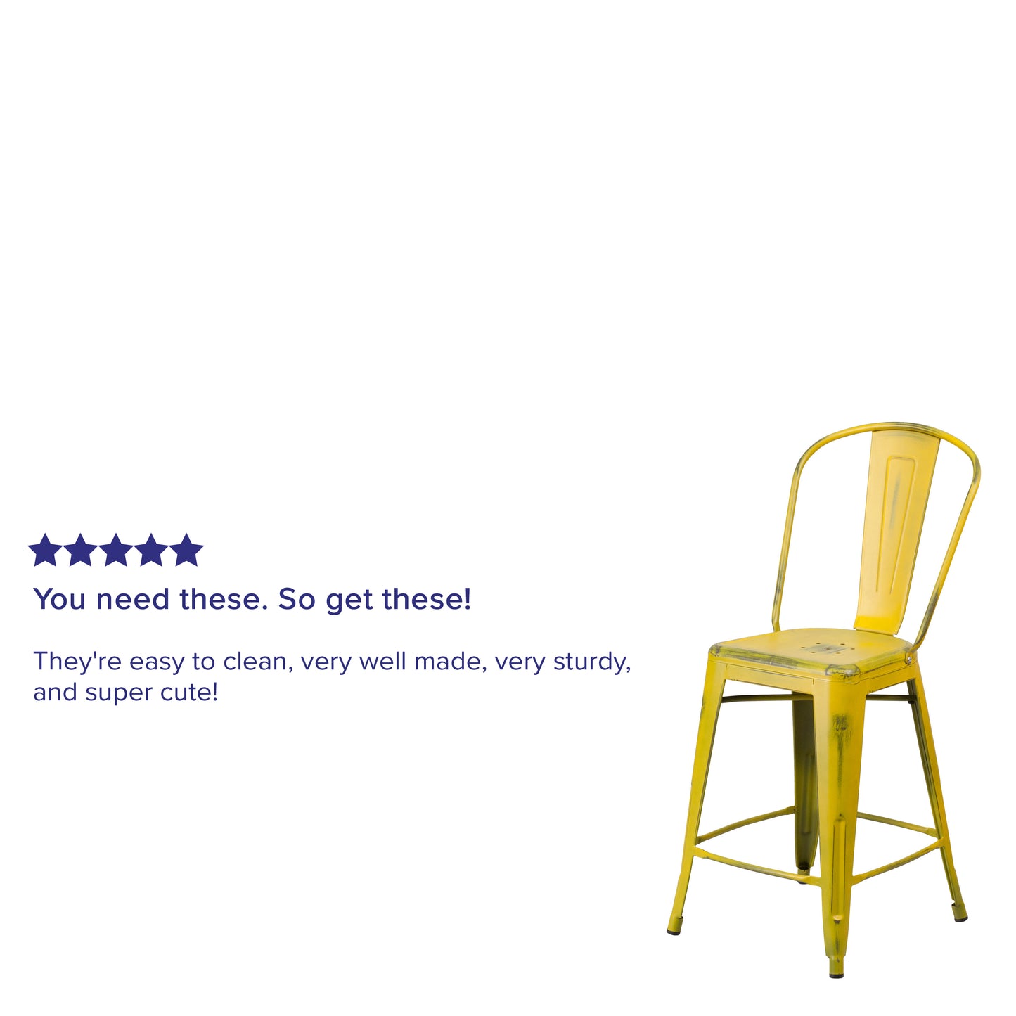 Carly Commercial Grade 24" High Distressed Yellow Metal Indoor-Outdoor Counter Height Stool with Back Yellow